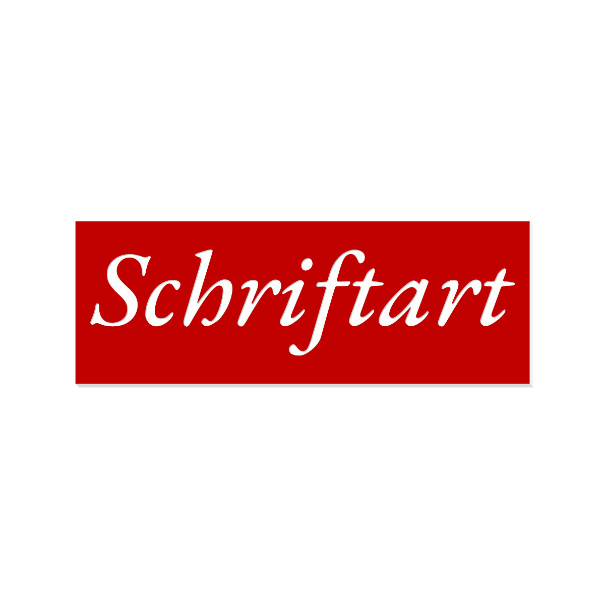 Rotes rechteckiges Etikett mit weißem Kursivschriftzug „Schriftart" als Vorschau der verfügbaren Schriftart für ein Briefkasten-Namensschild