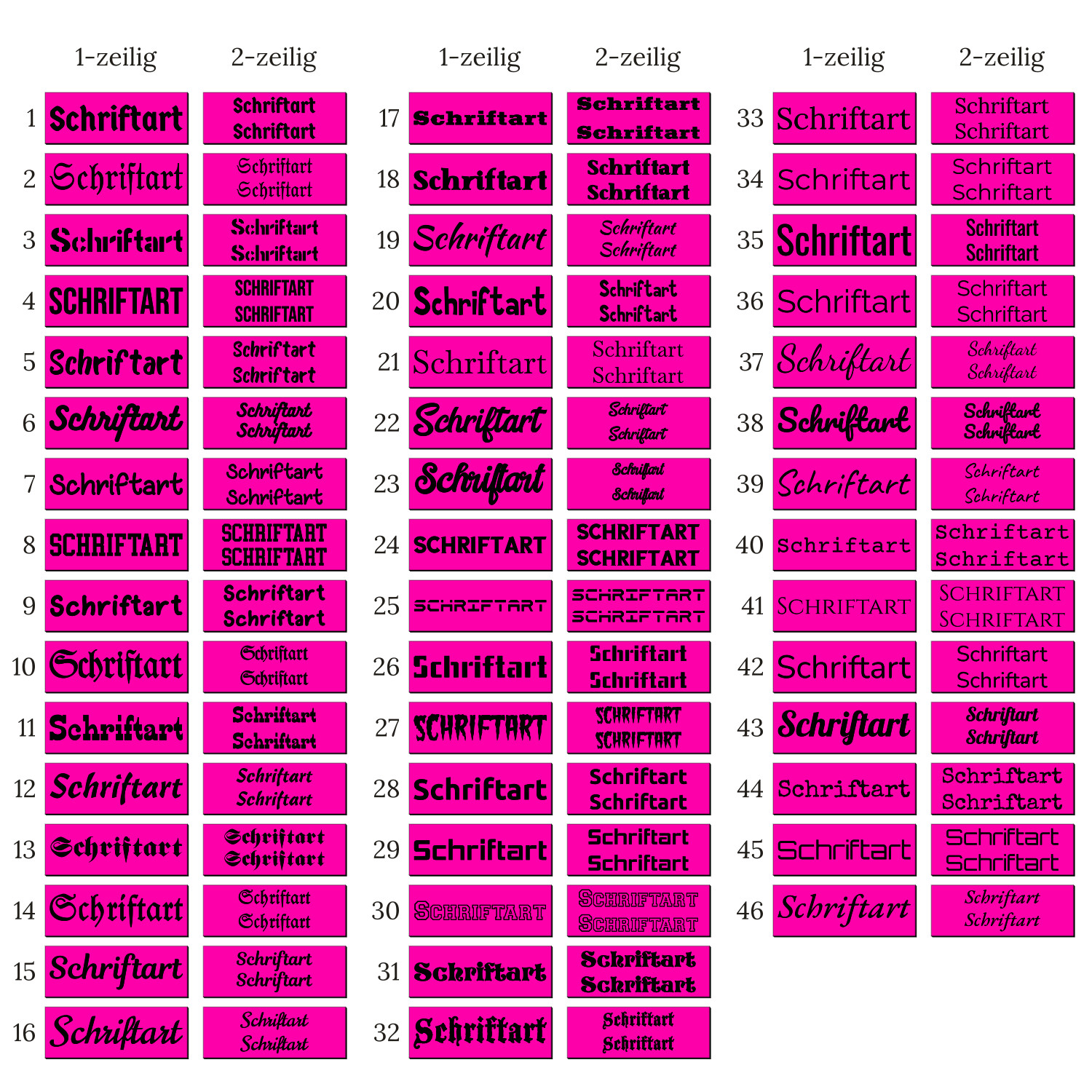 Schriftarten-Übersicht für Briefkasten Namensschilder – 46 nummerierte Schriftarten in 1-zeilig und 2-zeilig auf pinken Musterfeldern mit schwarzem Text