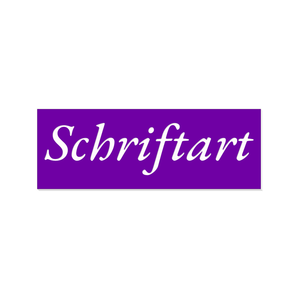 Weißer Schriftzug „Schriftart" in kursiver Kalligrafie-Schrift auf lila Hintergrund als Beispiel für eine verfügbare Schriftart für das Briefkasten Namensschild