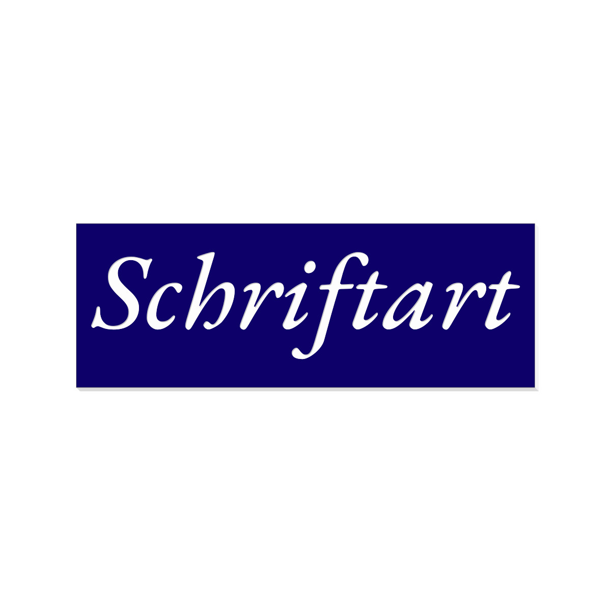 Weißer Schriftzug „Schriftart" in kursiver Schreibschrift auf dunkelblauem Hintergrund – Beispielvorschau einer verfügbaren Schriftart für ein Briefkasten-Namensschild mit Lasergravur