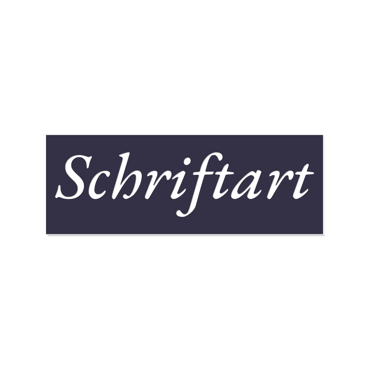 Weißer Schriftzug „Schriftart" in kursiver Kalligrafie-Schrift auf dunkelblauem rechteckigen Hintergrund – Vorschau einer verfügbaren Schriftart für das Briefkasten Namensschild.