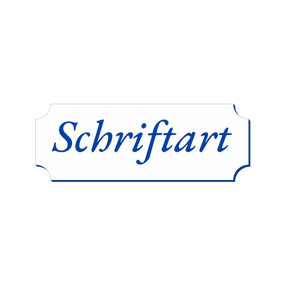Weißes Retro-Klingelschild mit blauem Rahmen und dem Schriftzug „Schriftart" in blauer Kursivschrift zur Darstellung der verfügbaren Schriftart