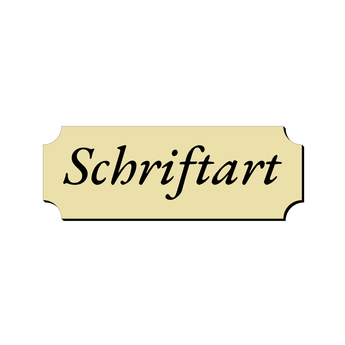 Cremefarbenes Retro-Klingelschild mit schwarzer kursiver Aufschrift „Schriftart" und geschwungenen Ecken