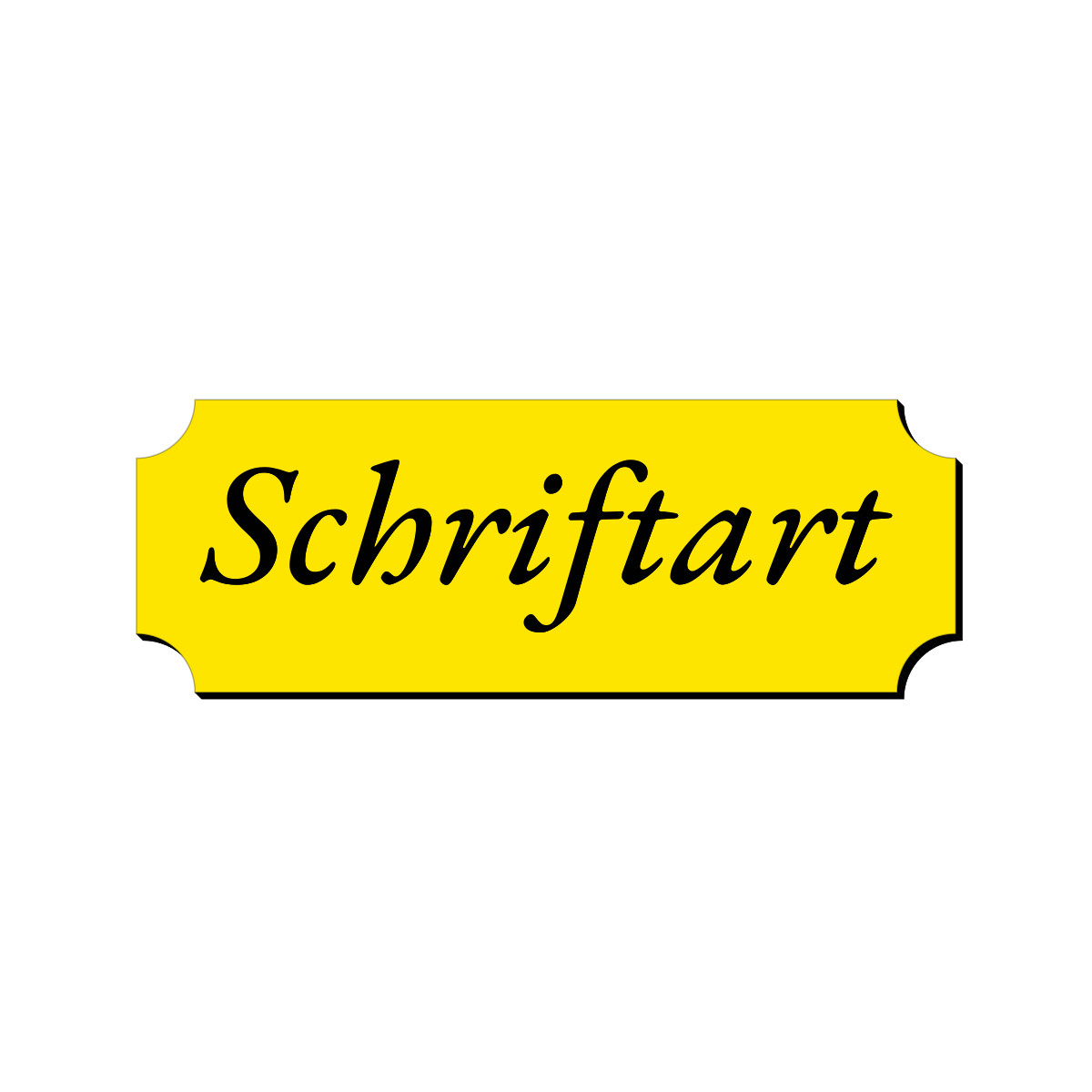 Gelbes Retro-Klingelschild mit schwarzer Kursivschrift und geschwungenen Ecken, Beschriftung: „Schriftart