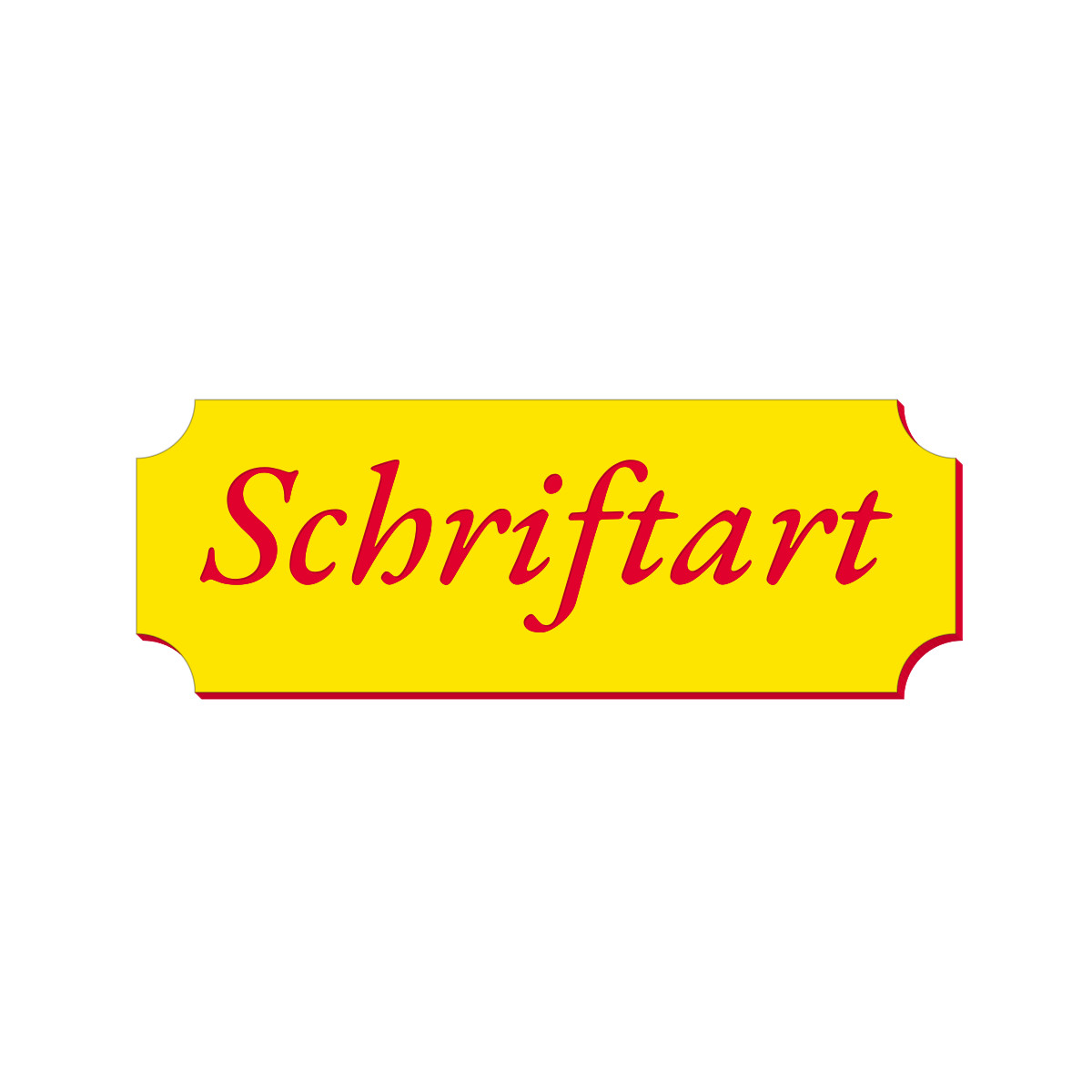 Gelbes Retro-Klingelschild mit rotem Schriftzug „Schriftart" in kursiver Schrift und rotem Rahmen