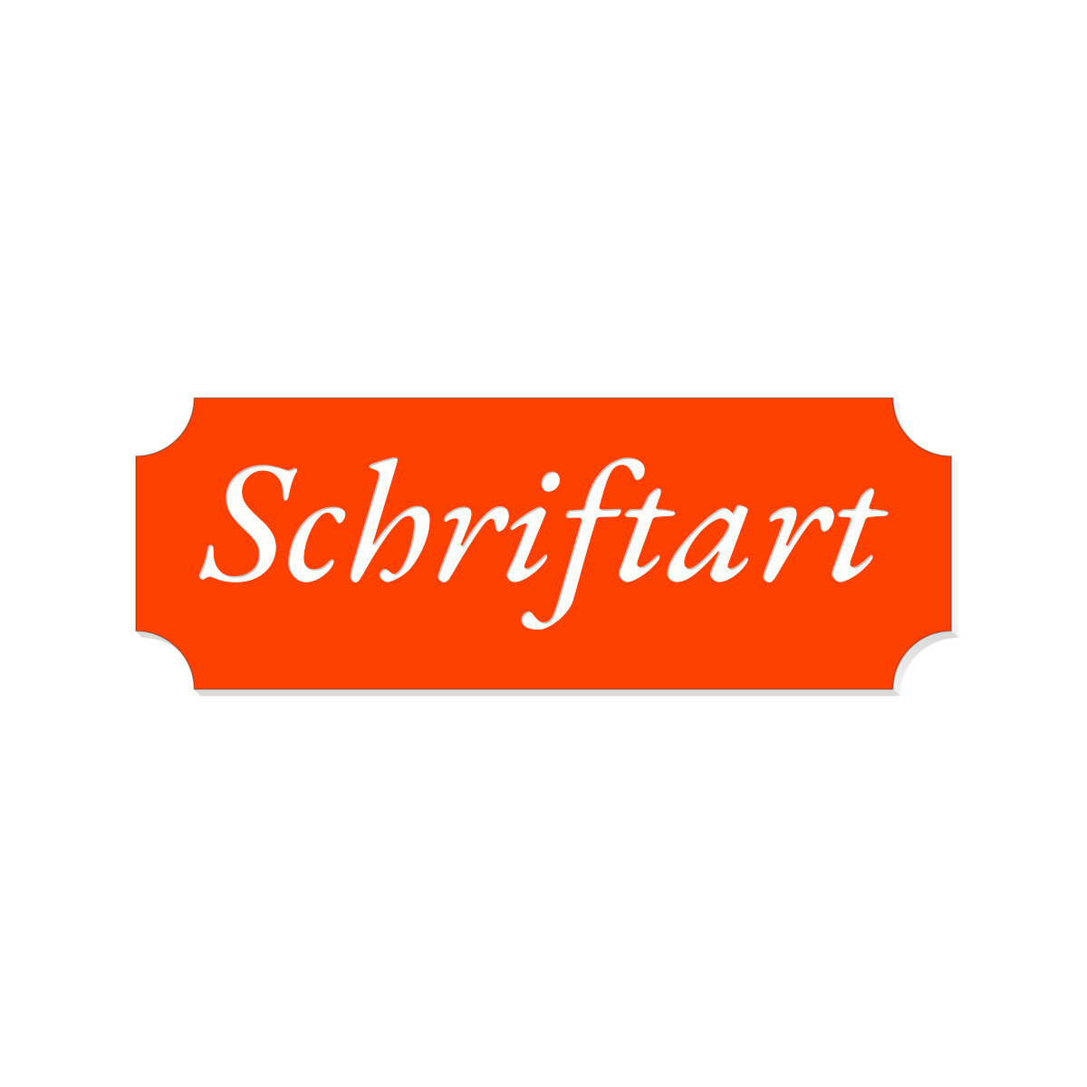 Orangefarbenes Retro-Klingelschild mit weißer Kursivschrift und geschwungenen Ecken, Schriftart-Vorschau