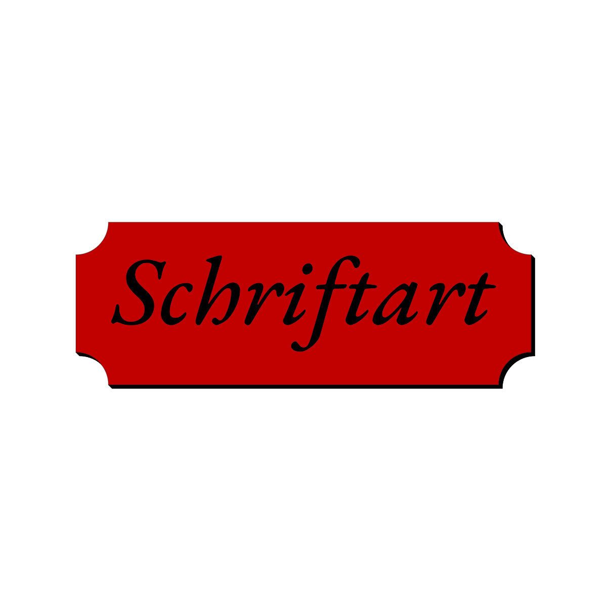 Rotes Retro-Klingelschild mit schwarz kursiv graviertem Schriftzug „Schriftart" und eingebuchteten Ecken