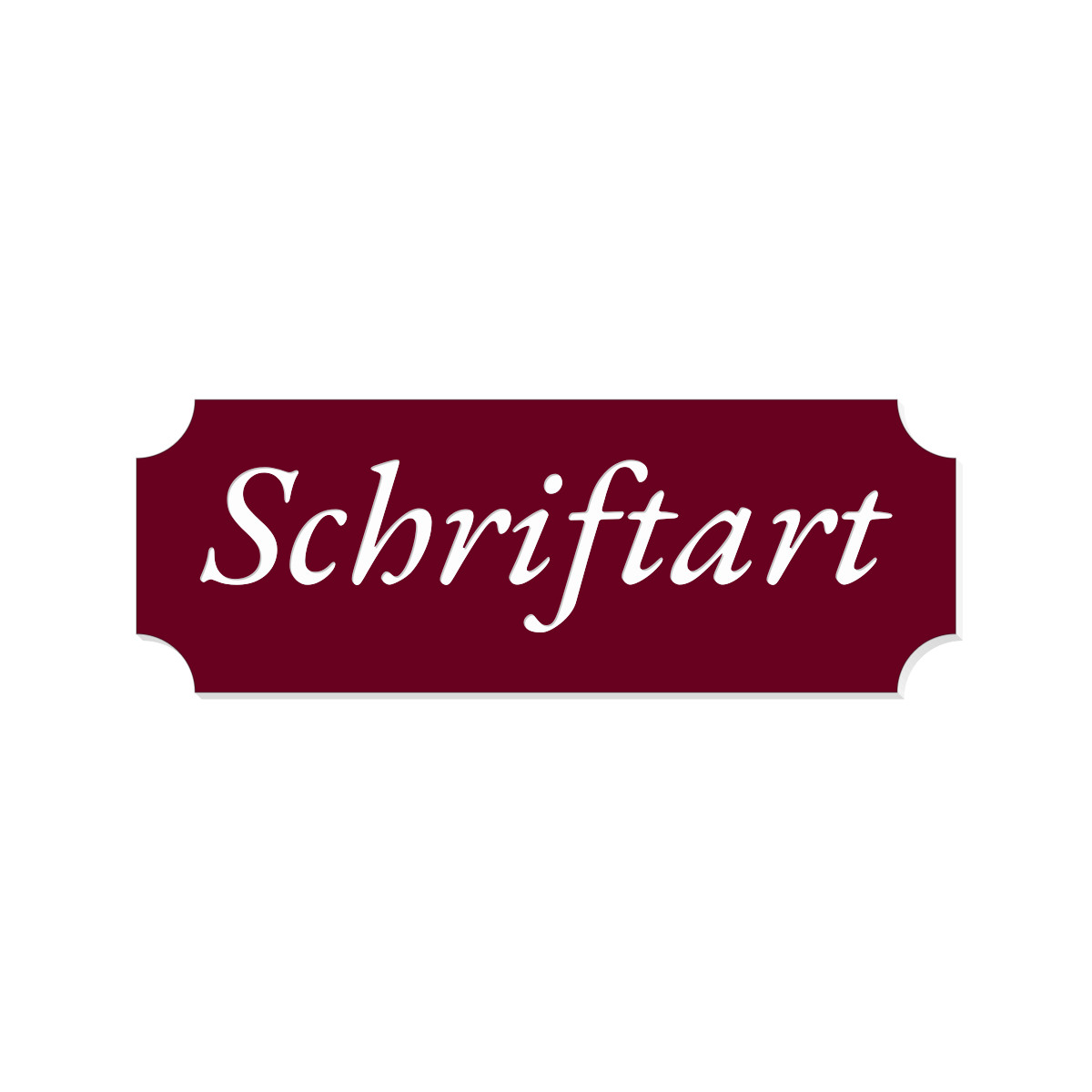 Dunkelrotes Retro-Klingelschild mit weißer Kursivschrift „Schriftart" und geschwungenen Ecken