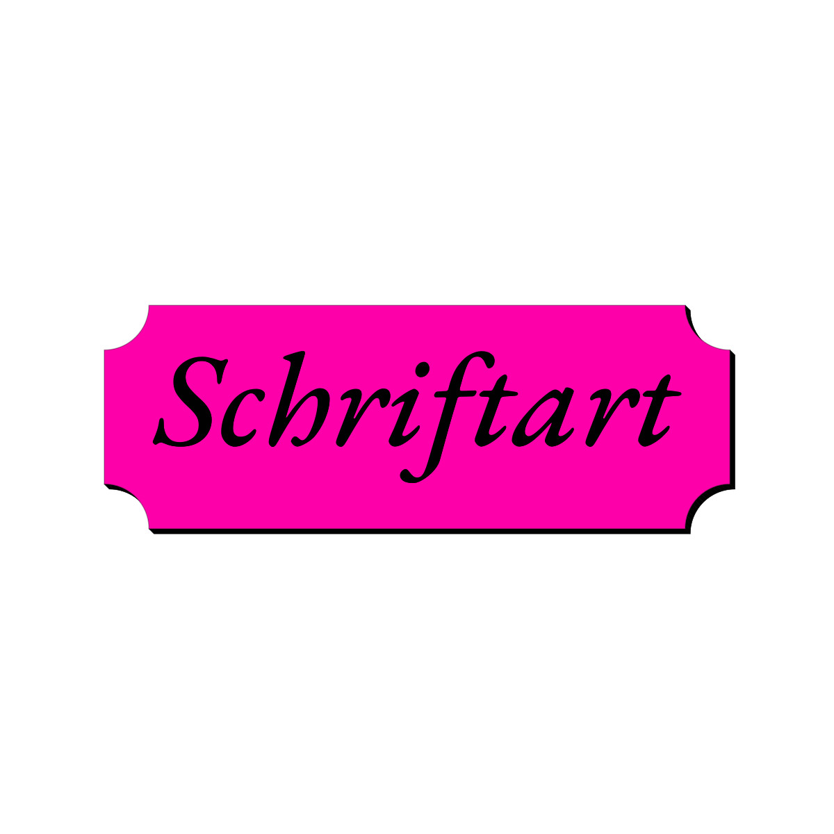 Pinkes Retro-Klingelschild mit schwarzer Kursivschrift und geschwungenen Ecken, Aufschrift „Schriftart