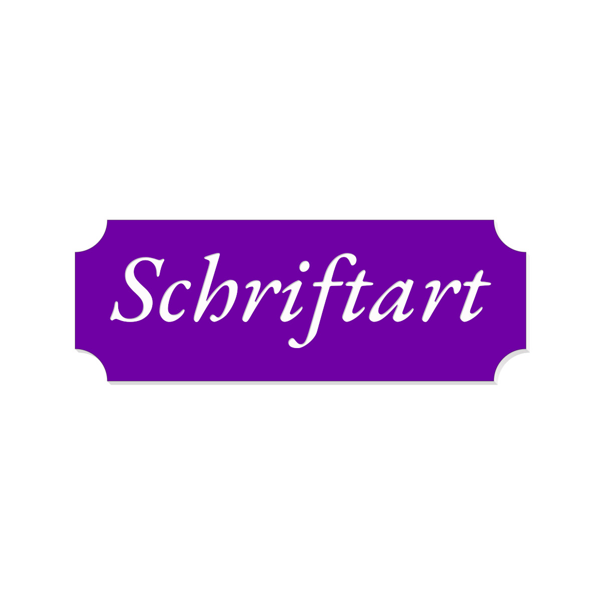 Violettes Retro-Klingelschild mit weißer Kursivschrift und geschwungenen Ecken, Beschriftung „Schriftart