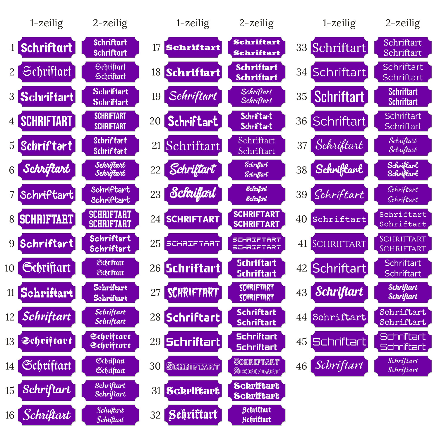 Klingelschild Retro selbstklebend – Übersicht 46 Schriftarten in Violett, je 1-zeilig und 2-zeilig