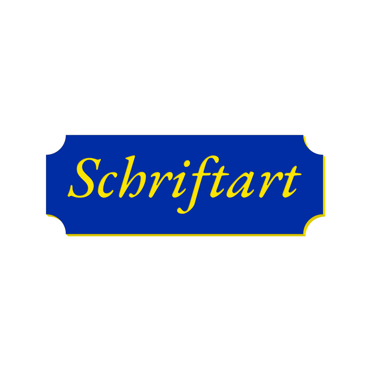 Retro Klingelschild mit geschwungenen Ecken in Blau, gelber Umrandung und gelbem Schriftzug „Schriftart" in kursiver Schrift