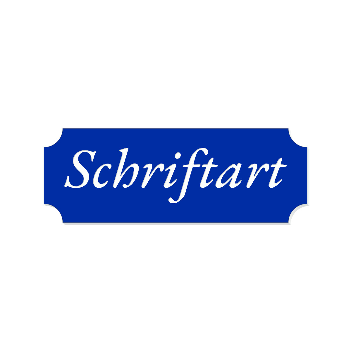 Blaues Retro-Klingelschild mit weißer Kursivschrift „Schriftart" und geschwungenen Ecken
