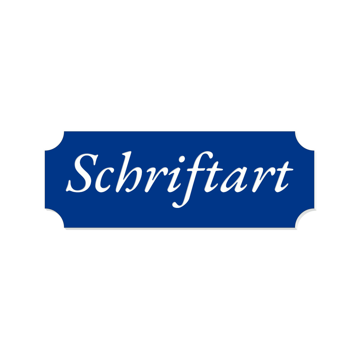 Blaues Retro-Klingelschild mit geschwungenen Ecken und weißer Kursivschrift „Schriftart