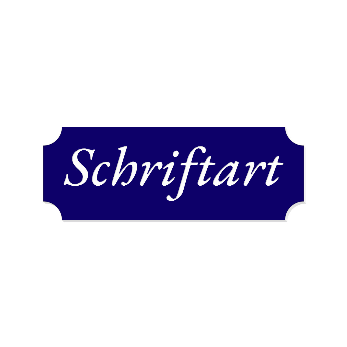 Retro Klingelschild in Dunkelblau mit weißer Kursivschrift „Schriftart" und geschwungenen Ecken