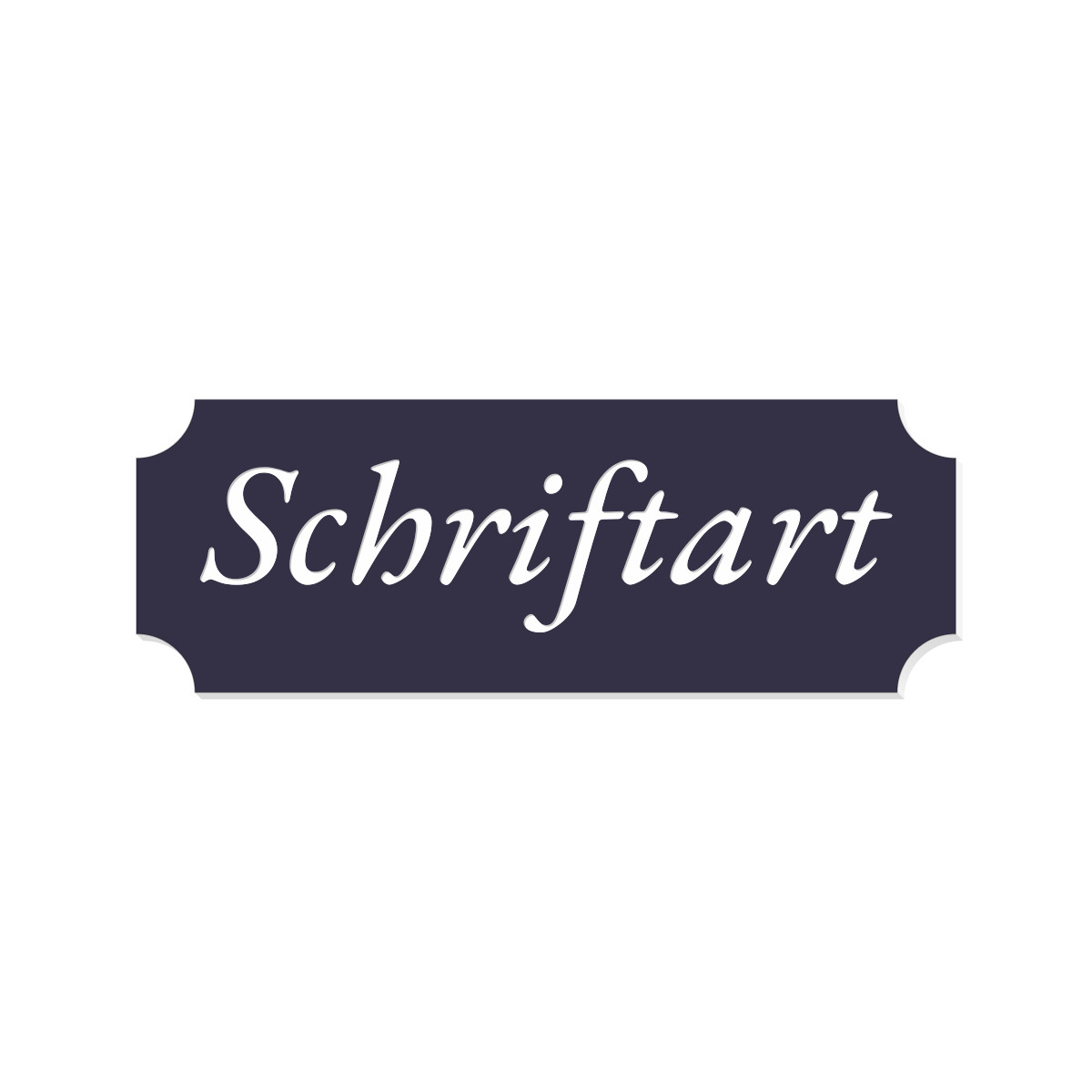 Dunkelblaues Retro-Klingelschild mit weißer Kursivschrift „Schriftart" und geschwungenen Ecken