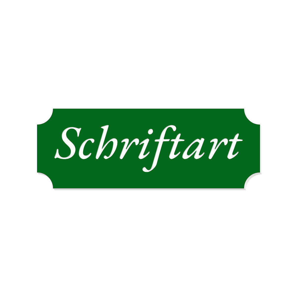 Grünes Retro-Klingelschild mit weißer Kursivschrift und geschwungenen Ecken – Schriftart-Vorschau