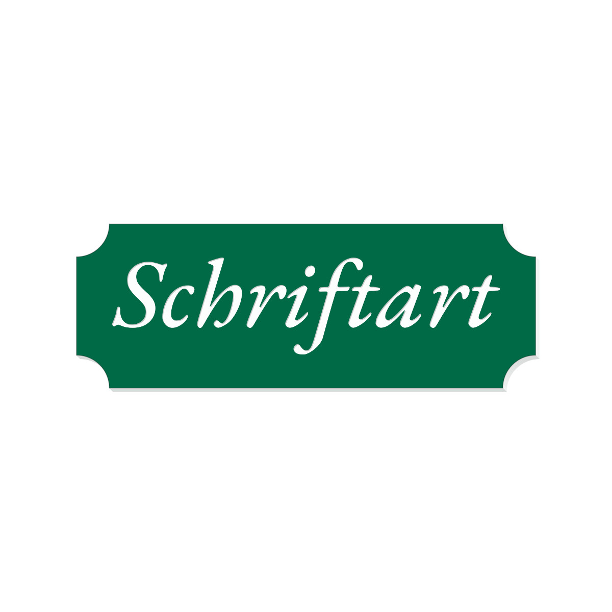 Grünes Retro-Klingelschild mit weißer Kursivschrift „Schriftart" und geschwungenen Ecken