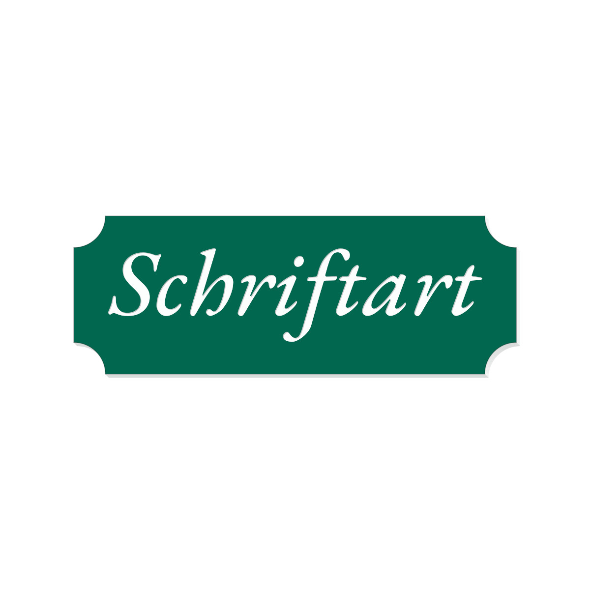 Grünes Retro-Klingelschild mit weißer Kursivschrift „Schriftart" und geschwungenen Ecken