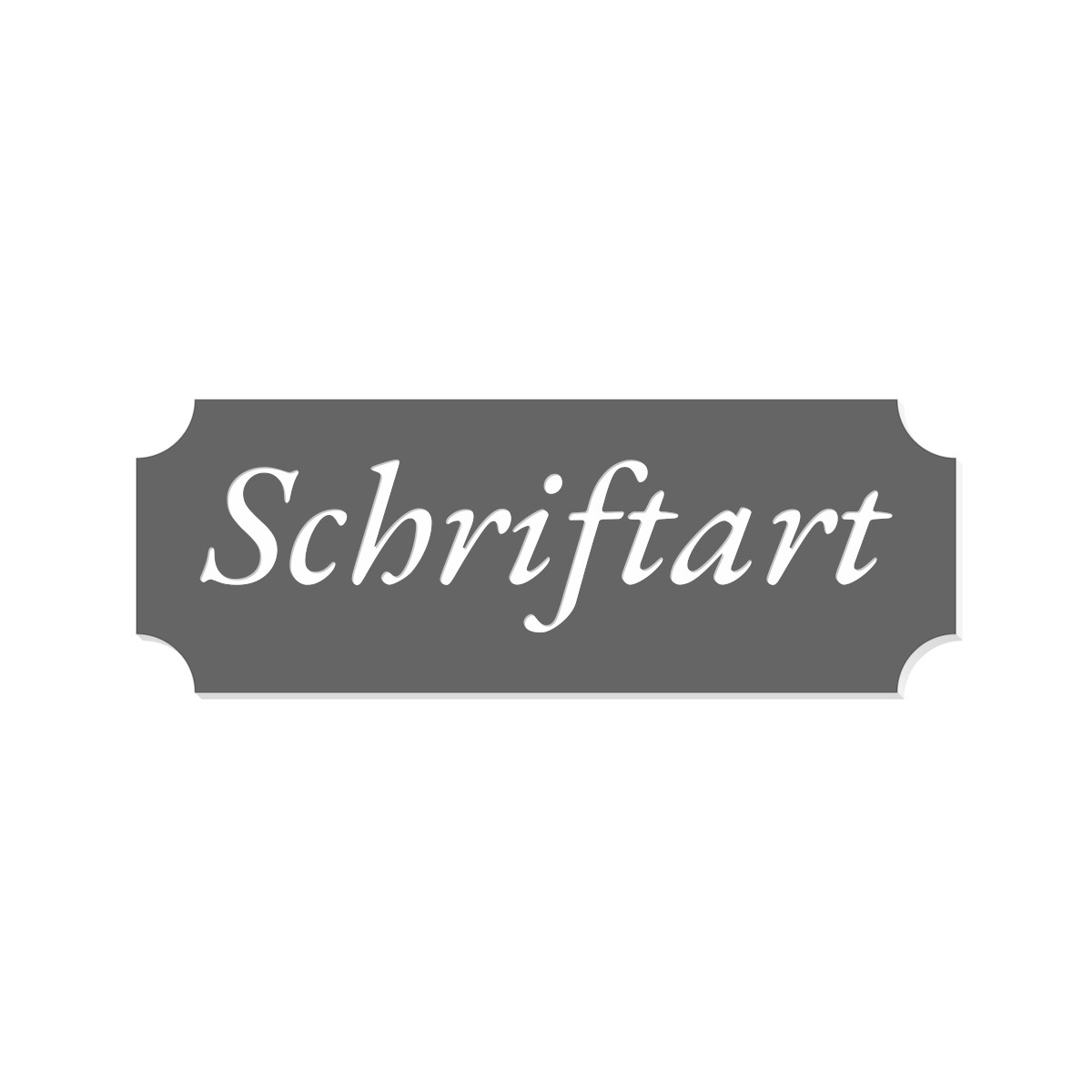 Graues Retro-Klingelschild mit weißer Kursivschrift und abgeschrägten Ecken, Beschriftung „Schriftart