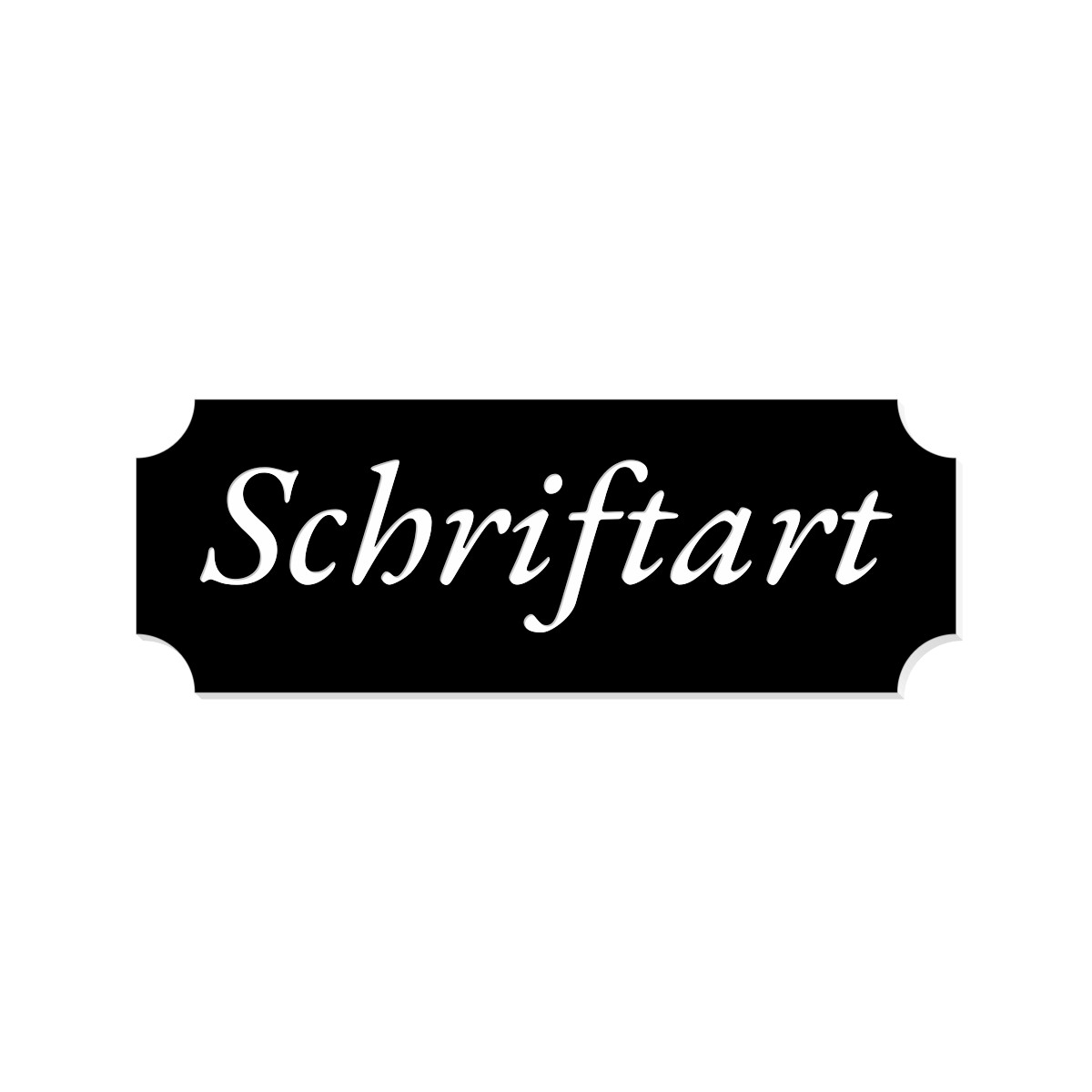 Schwarzes Retro-Klingelschild mit eingraviertem Schriftzug „Schriftart" in weißer Kursivschrift und abgeschrägten Ecken