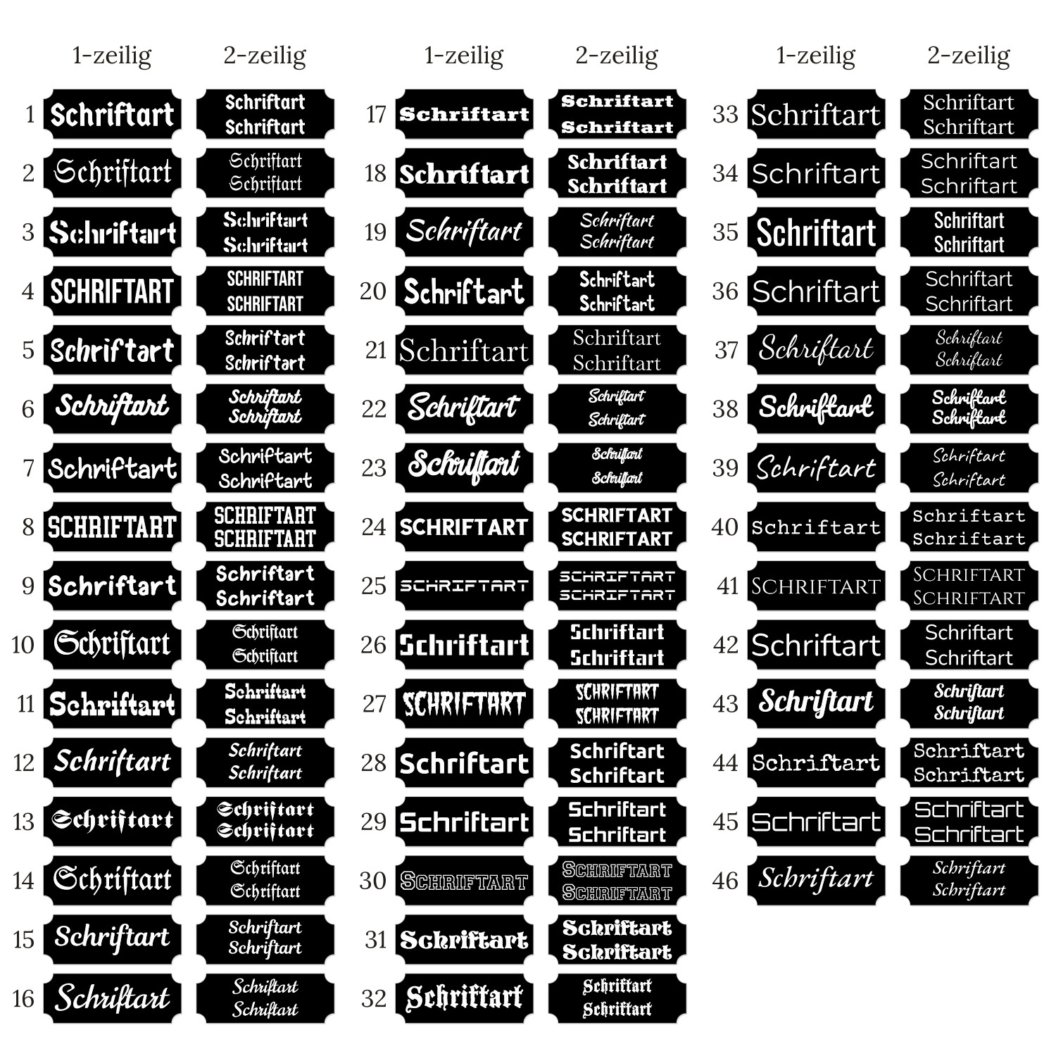 Übersicht aller 46 Schriftarten für selbstklebendes Retro-Klingelschild, je als 1-zeiliges und 2-zeiliges Muster in Schwarz-Weiß dargestellt