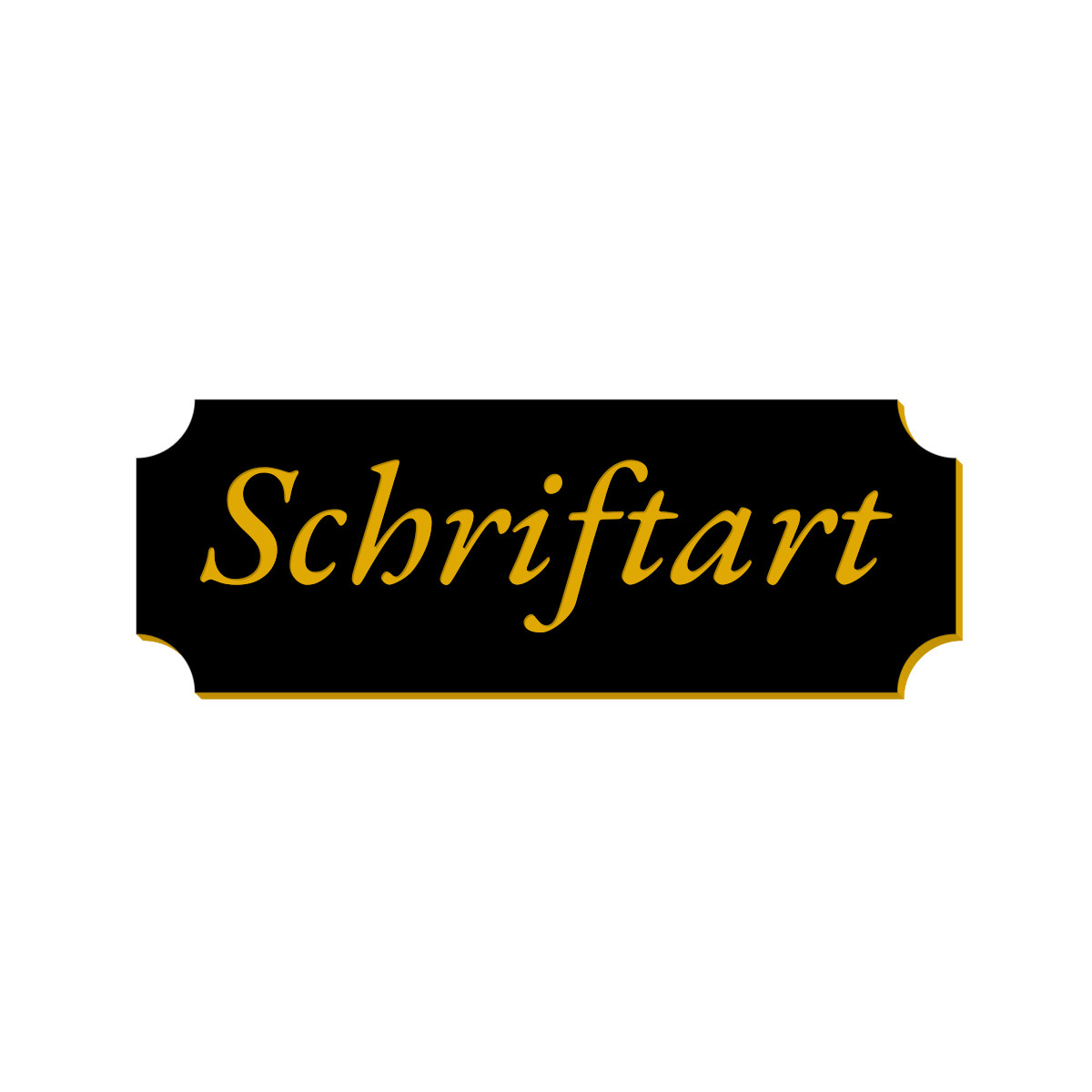 Schwarzes Klingelschild mit goldener Kursivschrift „Schriftart" und geschwungenen Ecken
