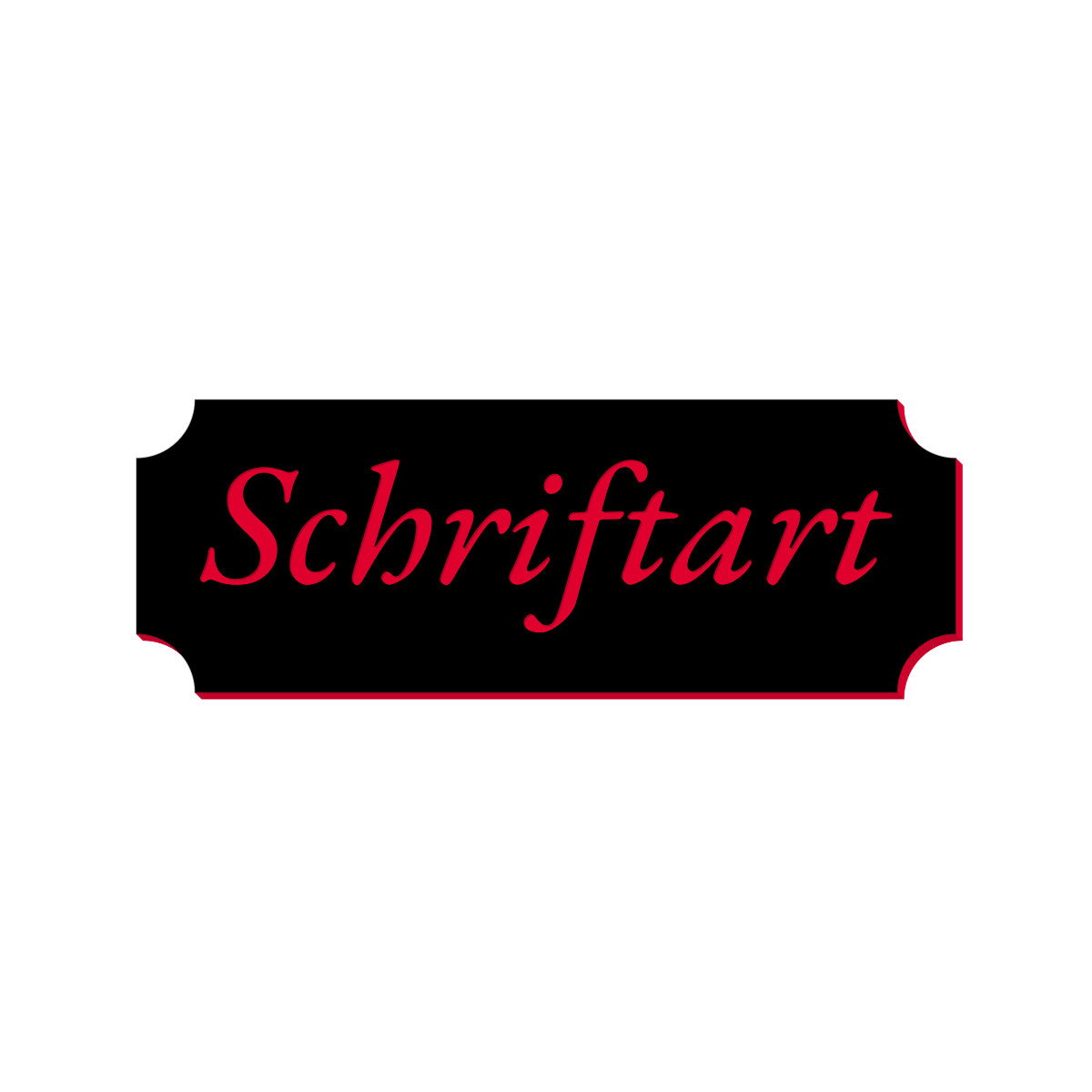 Schwarzes Retro-Klingelschild mit roter Kursivschrift „Schriftart" und rotem Rahmen