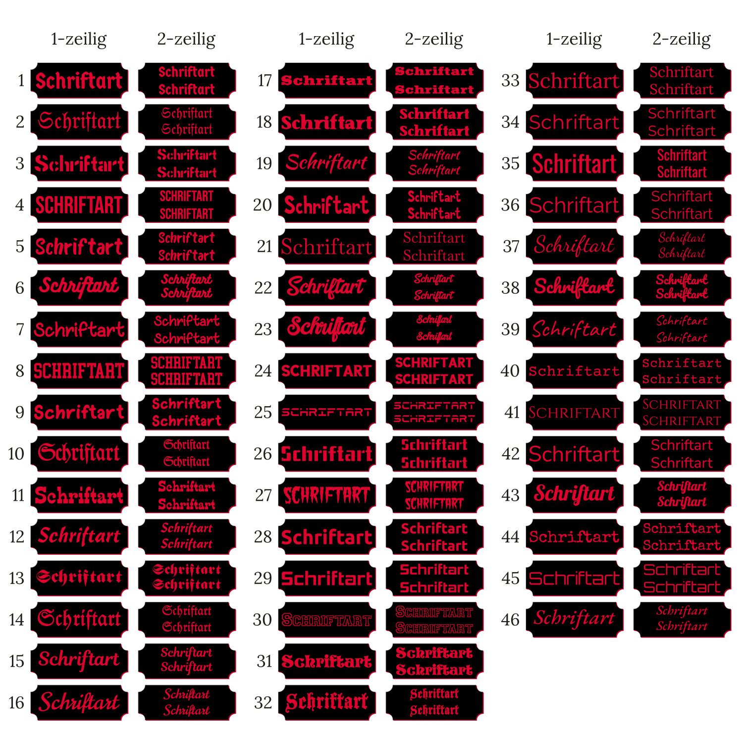 Schriftarten-Übersicht für Klingelschild Lasergravur: 46 nummerierte Schriftarten in Rot auf Schwarz, jeweils als 1-zeilige und 2-zeilige Variante mit dem Beispieltext „Schriftart