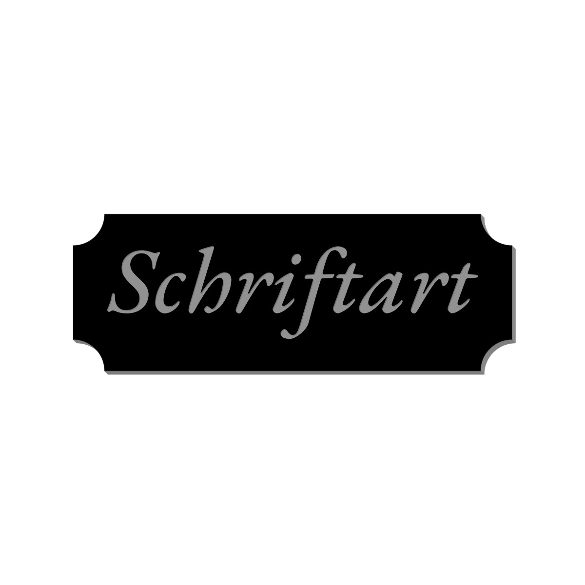 Schwarzes Retro-Klingelschild mit geschwungenen Ecken und grauem Schriftzug „Schriftart" in kursiver Schrift