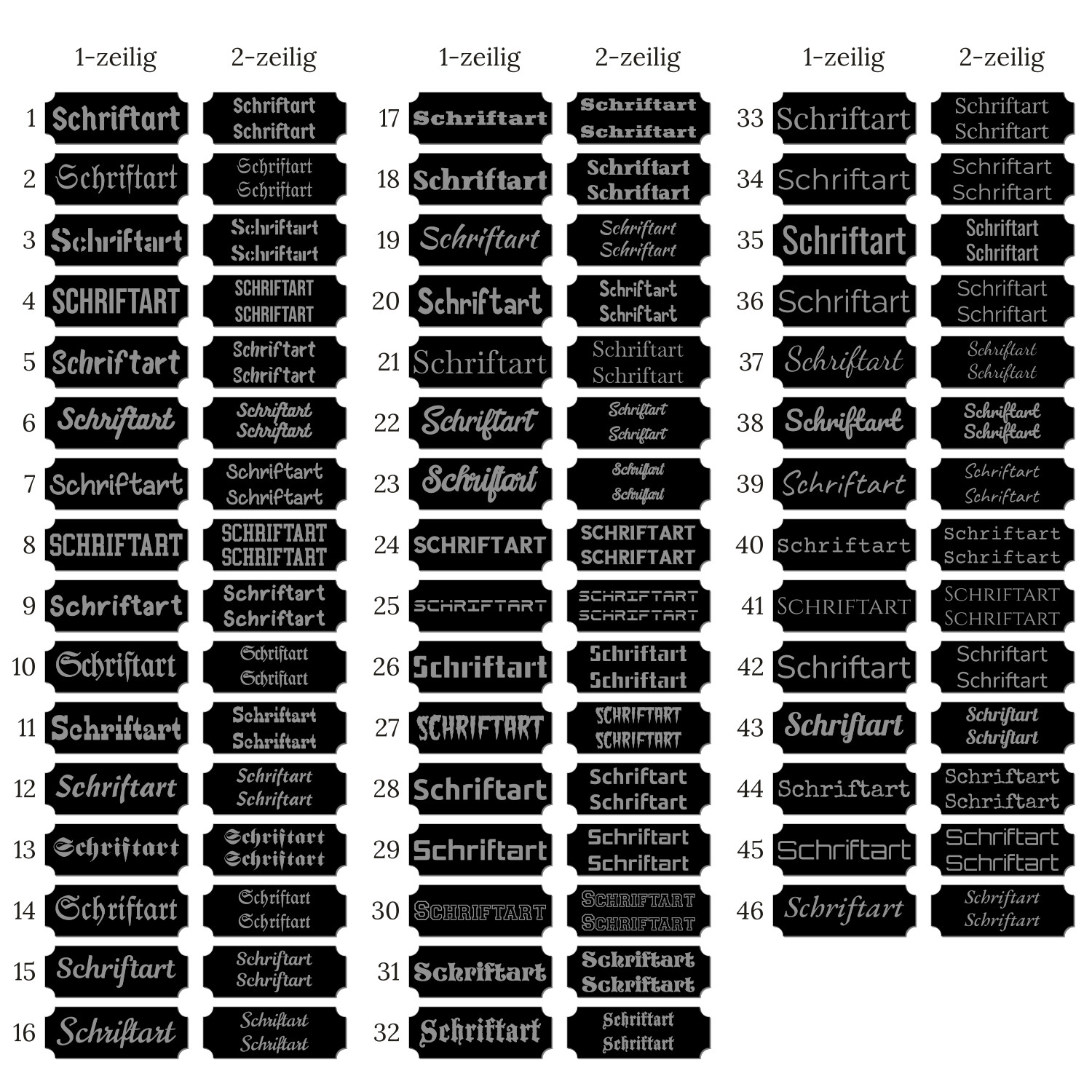 Klingelschild schwarz Schriftarten-Übersicht: 46 nummerierte Gravur-Schriftarten in je 1-zeiliger und 2-zeiliger Variante auf schwarzem Untergrund