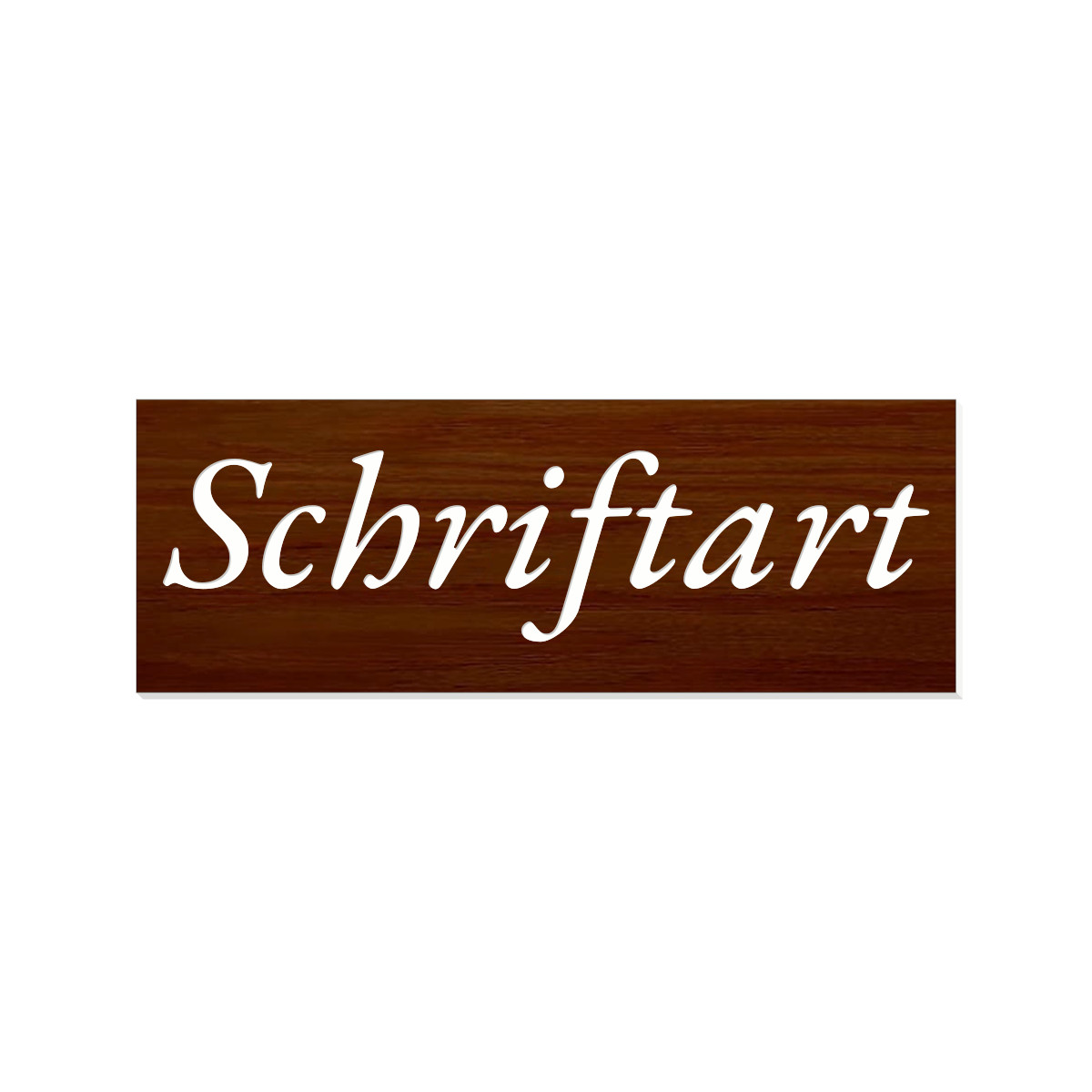 Briefkasten-Namensschild in dunklem Holzoptik-Design mit weißer Kursivschrift „Schriftart