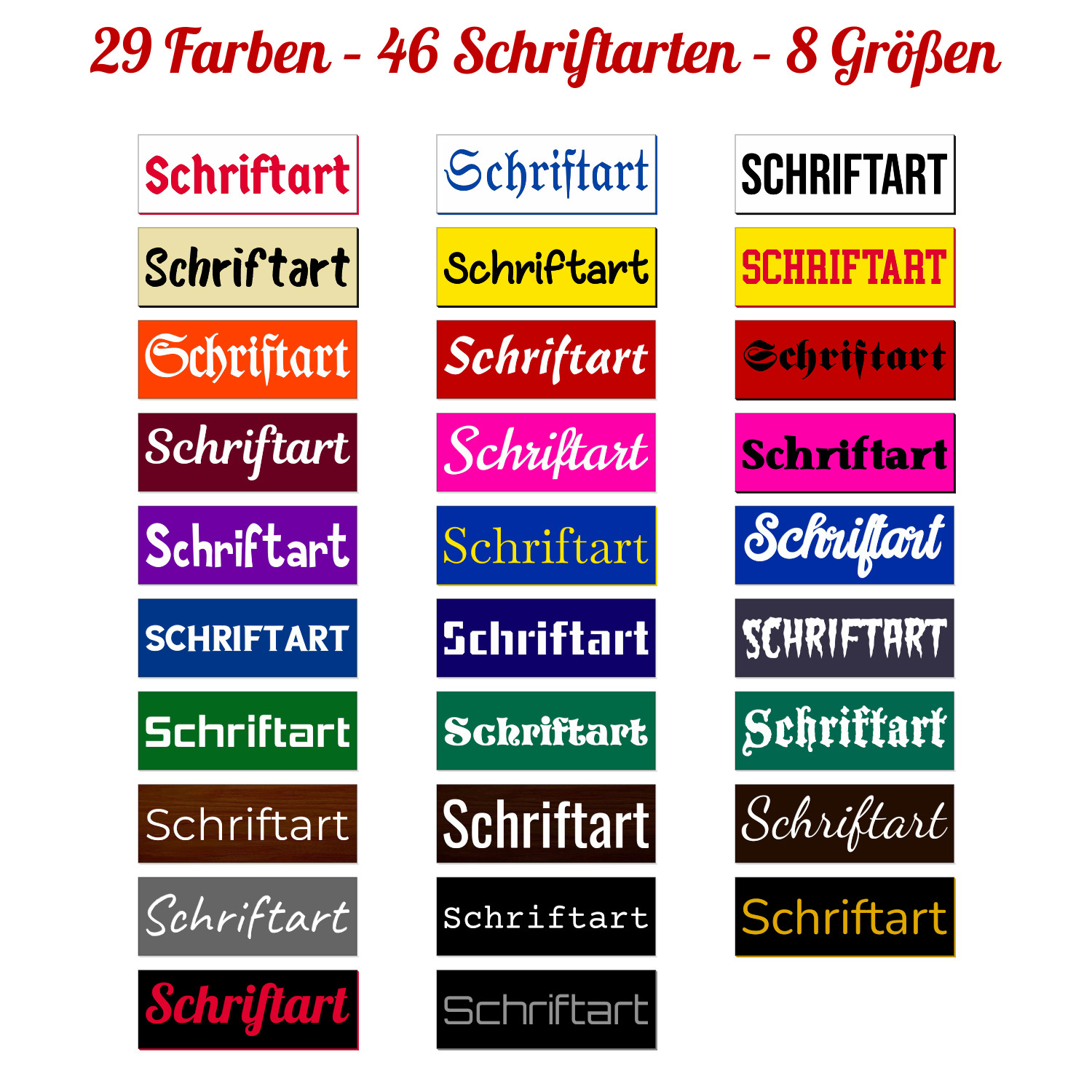 Briefkasten-Namensschild selbstklebend in 29 Farben, 46 Schriftarten und 8 Größen – Übersicht aller verfügbaren Schriftart- und Farbkombinationen auf farbigen Musterflächen