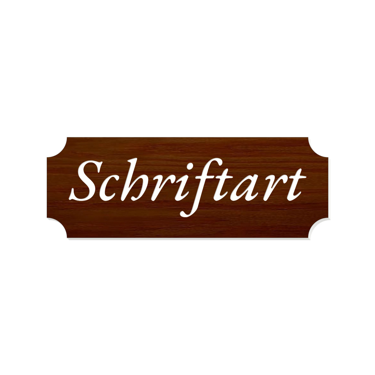 Retro Klingelschild in dunkelbrauner Holzmaserung-Optik mit weißer Kursivschrift „Schriftart" und abgerundeten Ecken