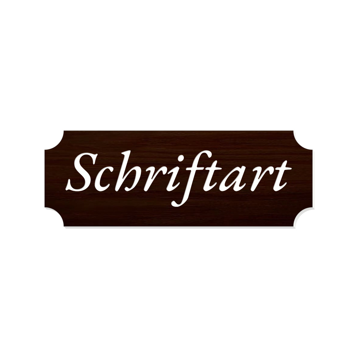 Dunkles Holzoptik-Klingelschild in Retro-Form mit weißer Kursivschrift „Schriftart