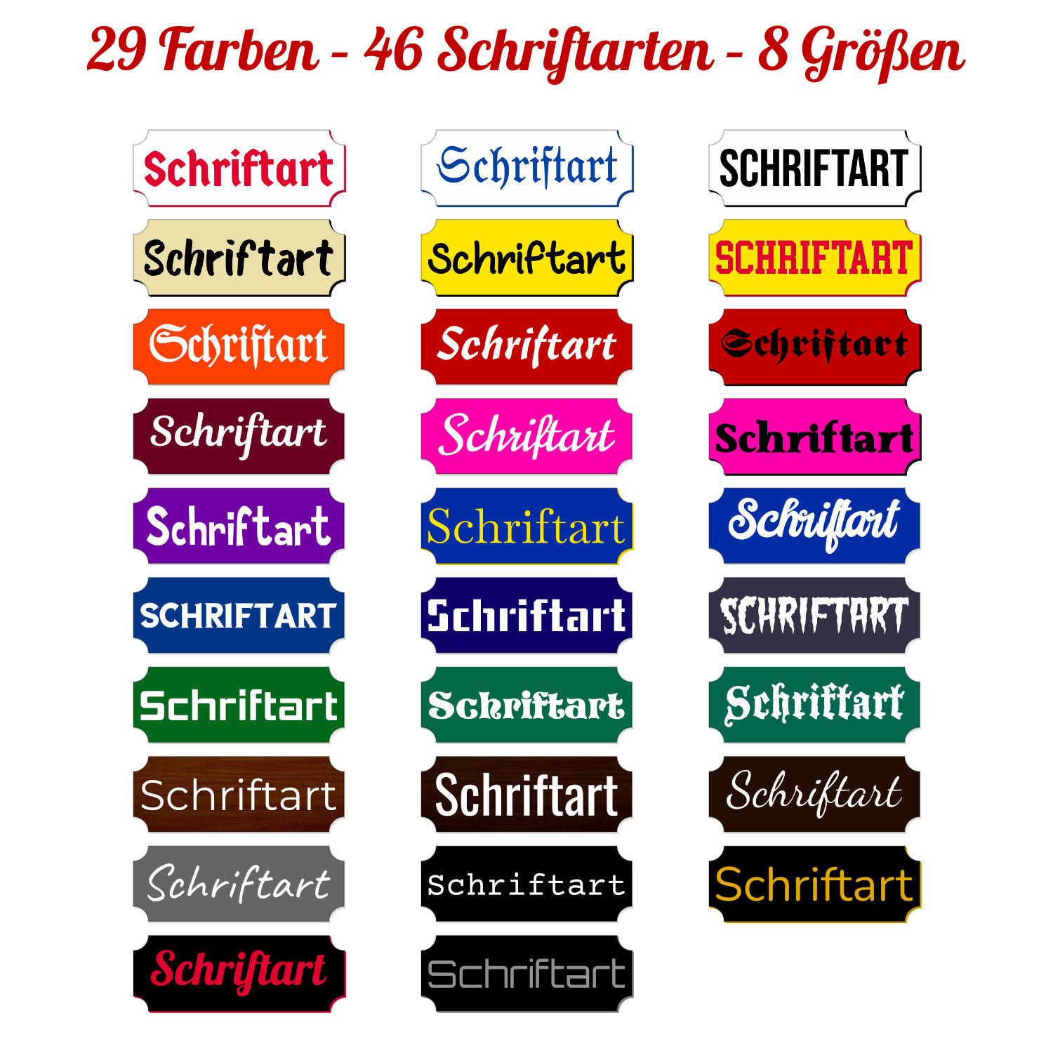 Retro Klingelschild in 29 Farben – Übersicht aller verfügbaren Farbkombinationen und Schriftarten, darunter Schwarz, Weiß, Rot, Orange, Gelb, Grün, Blau, Lila, Pink und Braun