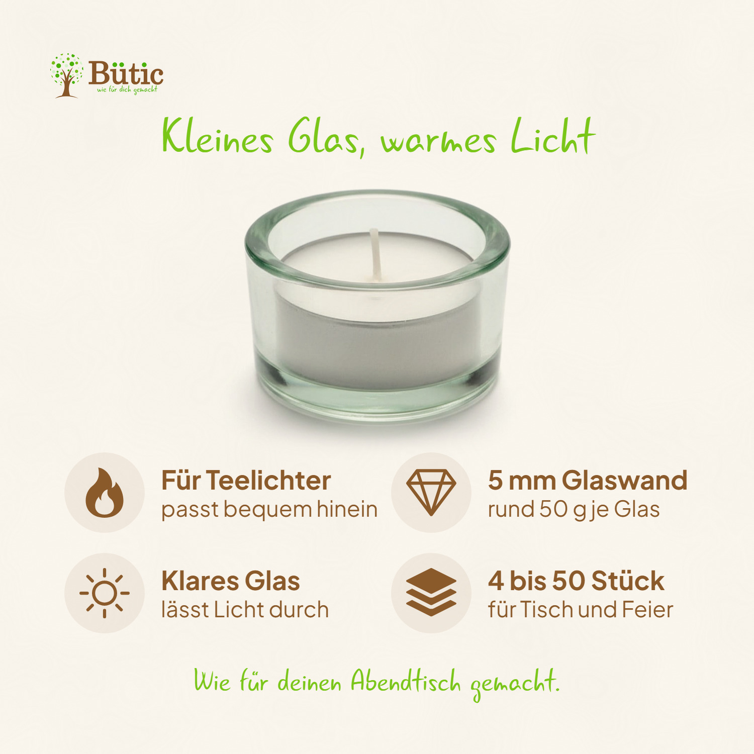 Klares flaches Teelichtglas mit weißem Teelicht, Infografik mit vier Vorteilen: für Teelichter, 5 mm Glaswand, klares Glas, 4 bis 50 Stück
