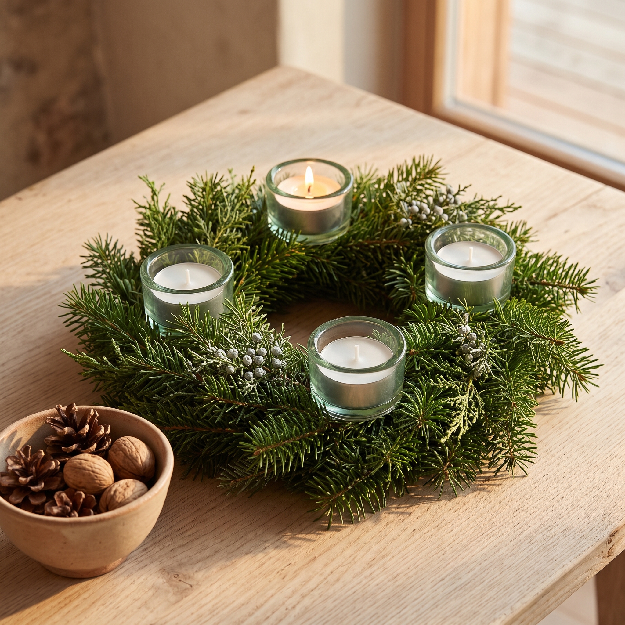 Adventskranz aus Tannengrün mit vier klaren Teelichtgläsern und Teelichtern darin, ein Teelicht brennt, auf einem Holztisch neben einer Schale mit Zapfen und Walnüssen
