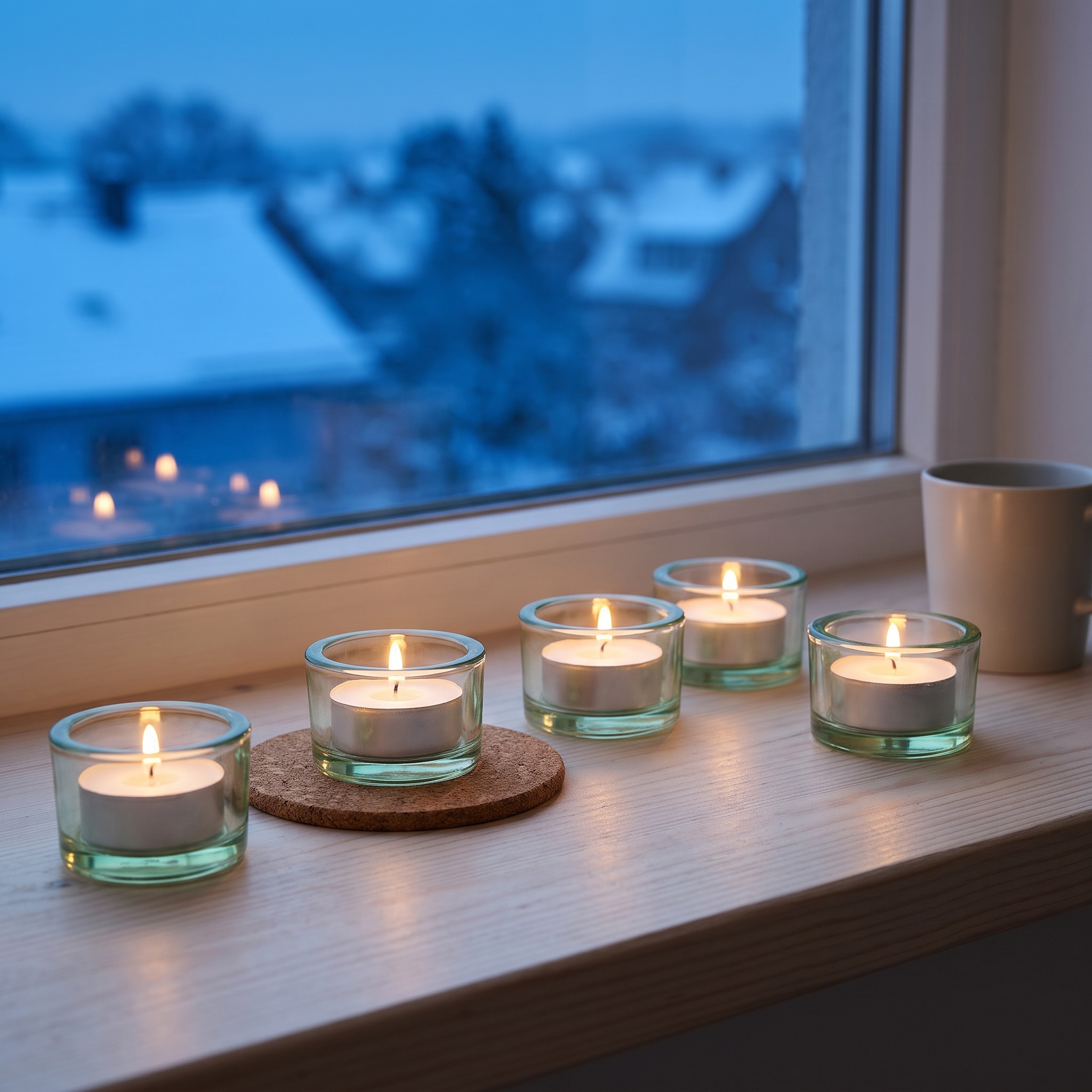 Fünf klare Teelichtgläser mit brennenden Teelichtern auf einer hellen Fensterbank, im Hintergrund eine verschneite Winterlandschaft in der Abenddämmerung.