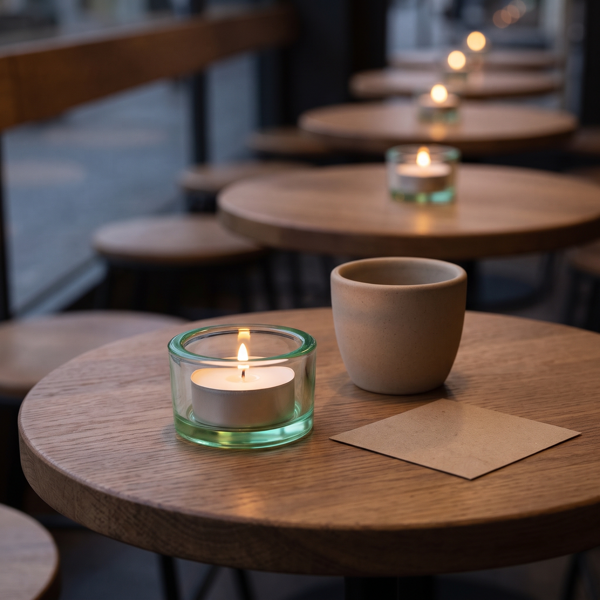 Brennendes Teelicht in flachem klaren Teelichtglas auf rundem Holztisch in einem Restaurant, im Hintergrund weitere Tische mit Teelichtern