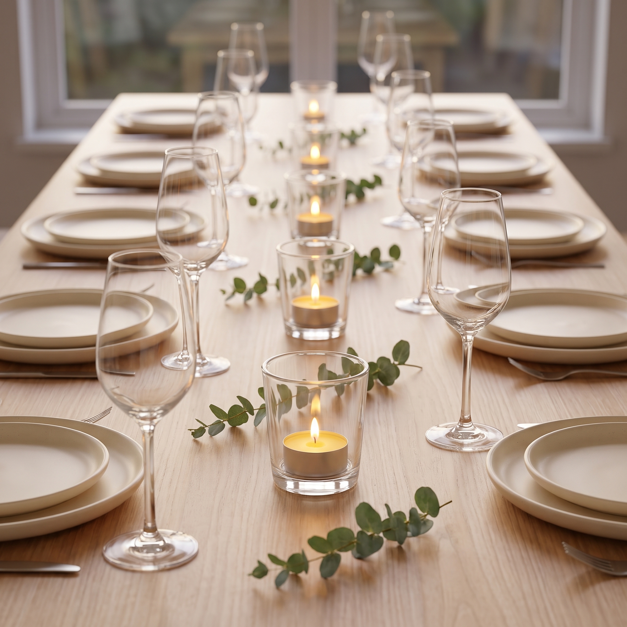 Fünf klare Votivgläser mit brennenden Teelichtern in einer Reihe auf einer gedeckten Hochzeitstafel aus Holz, dazwischen Weingläser, cremefarbene Teller und Eukalyptus