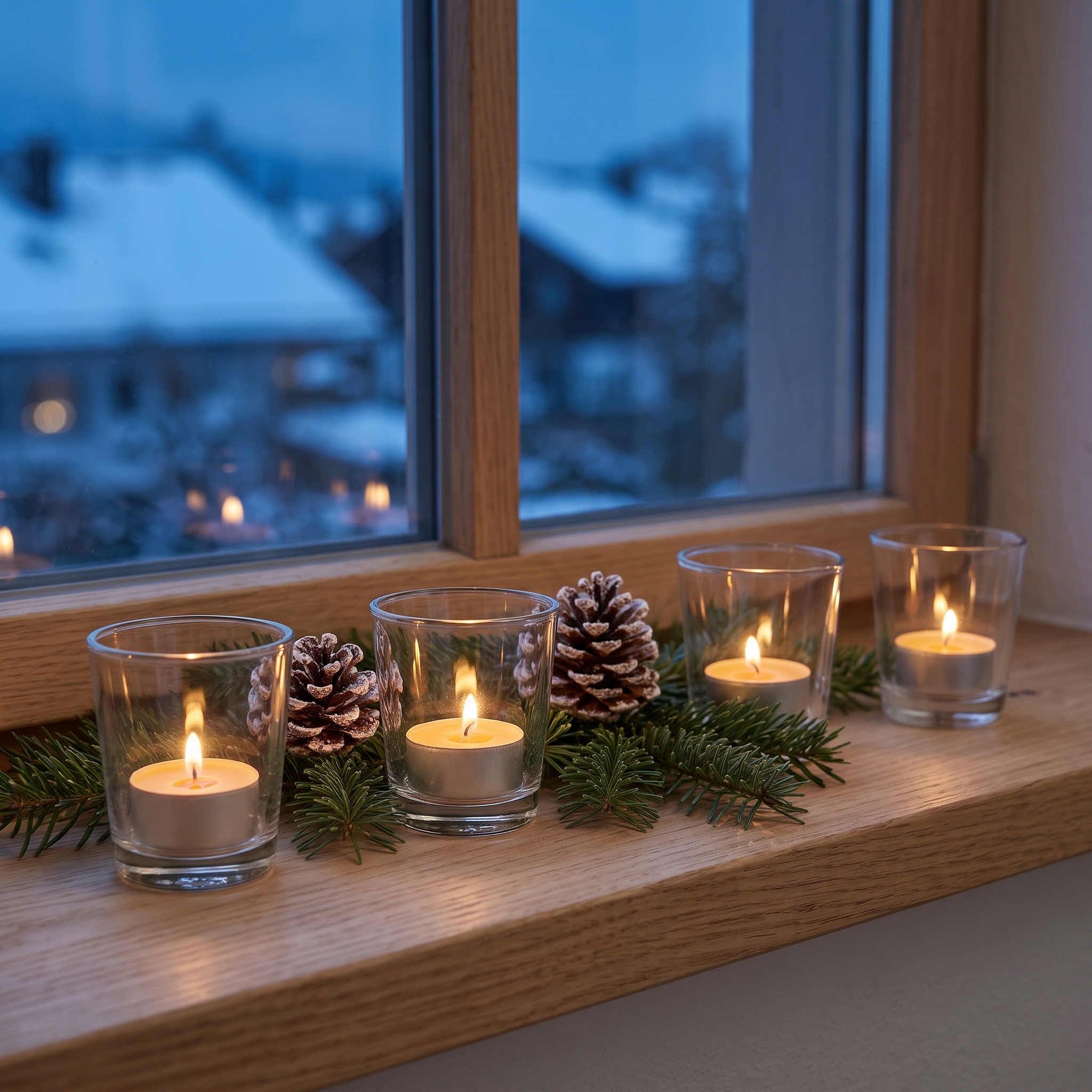 Fünf klare Votivgläser mit brennenden Teelichtern auf einer Fensterbank aus Holz mit Tannenzweigen und Zapfen, draußen verschneite Dächer zur blauen Stunde