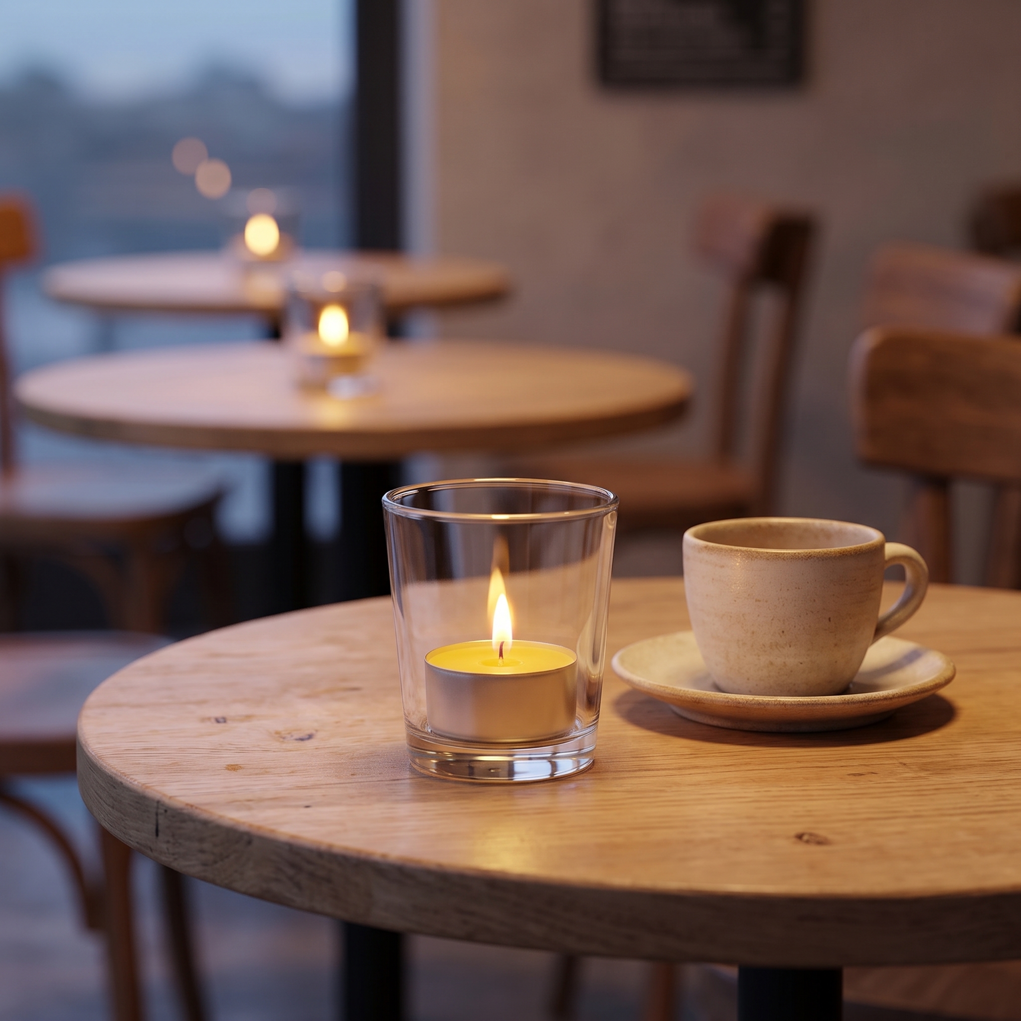 Klares hohes Votivglas mit brennendem Teelicht auf rundem Holztisch in einem Café, daneben eine beige Keramiktasse auf Unterteller.