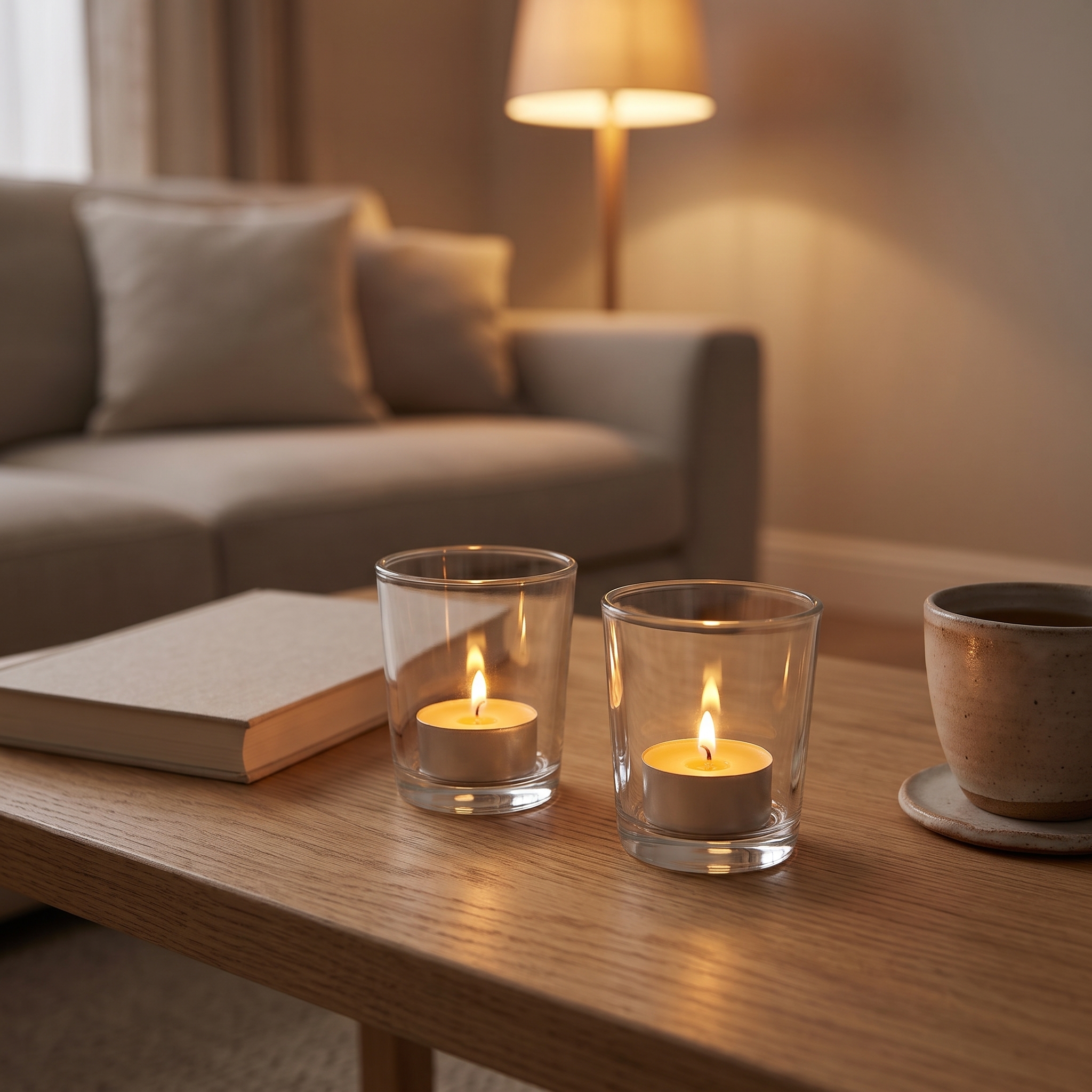 Zwei klare Votivgläser mit brennenden Teelichtern auf einem Holzcouchtisch, im Hintergrund ein beiges Sofa und eine Stehlampe.