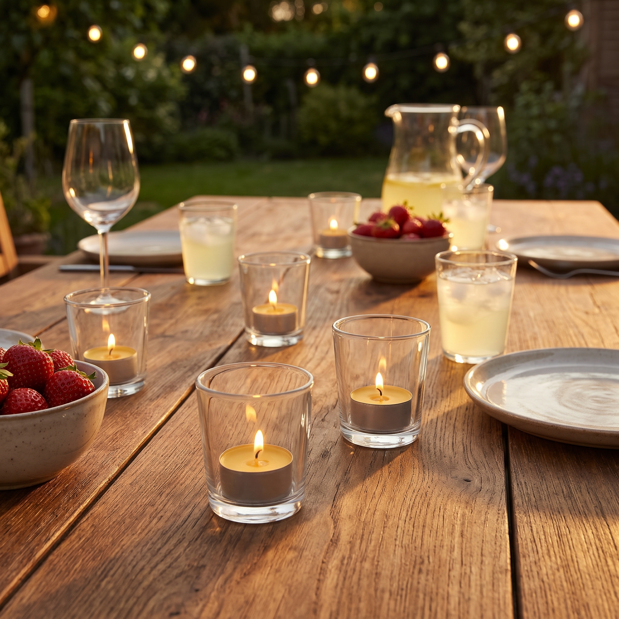 Klare Votivgläser mit brennenden Teelichtern auf einem Holztisch im Garten zwischen Erdbeeren und Limonade, im Hintergrund eine Lichterkette