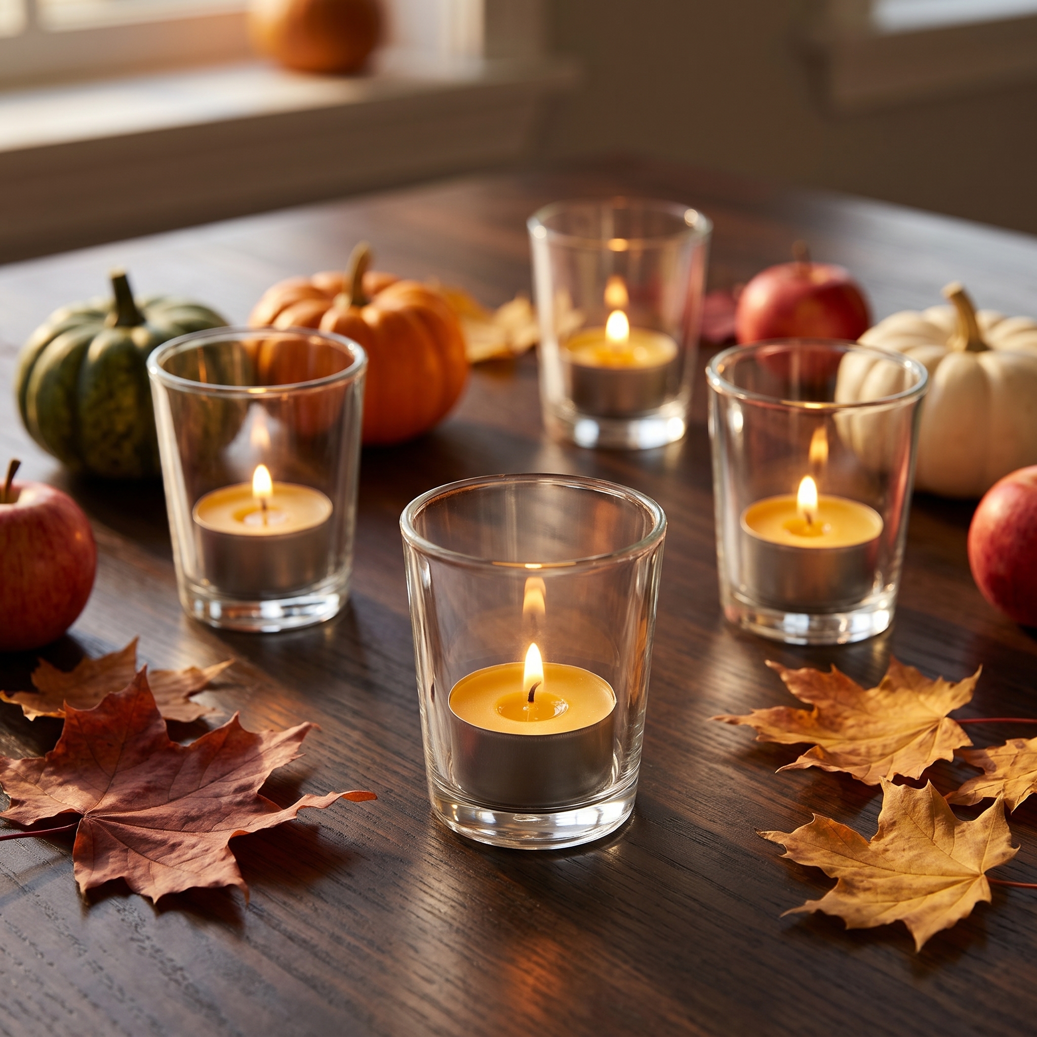 Vier klare Votivgläser mit brennenden Teelichtern auf einem dunklen Holztisch zwischen Herbstblättern, Zierkürbissen und roten Äpfeln
