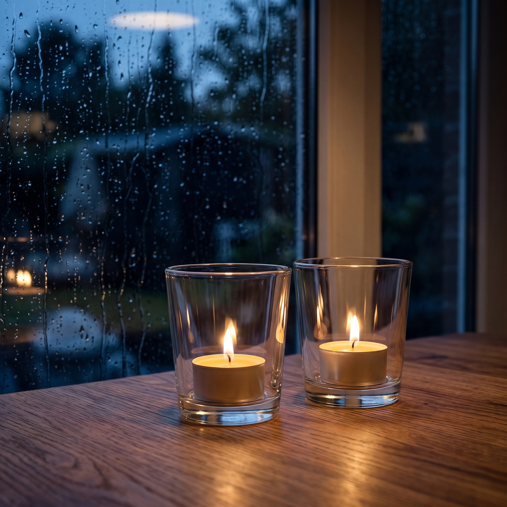 Zwei klare Votivgläser mit brennenden Teelichtern auf einem Holztisch vor einem regennassen Fenster in der Abenddämmerung