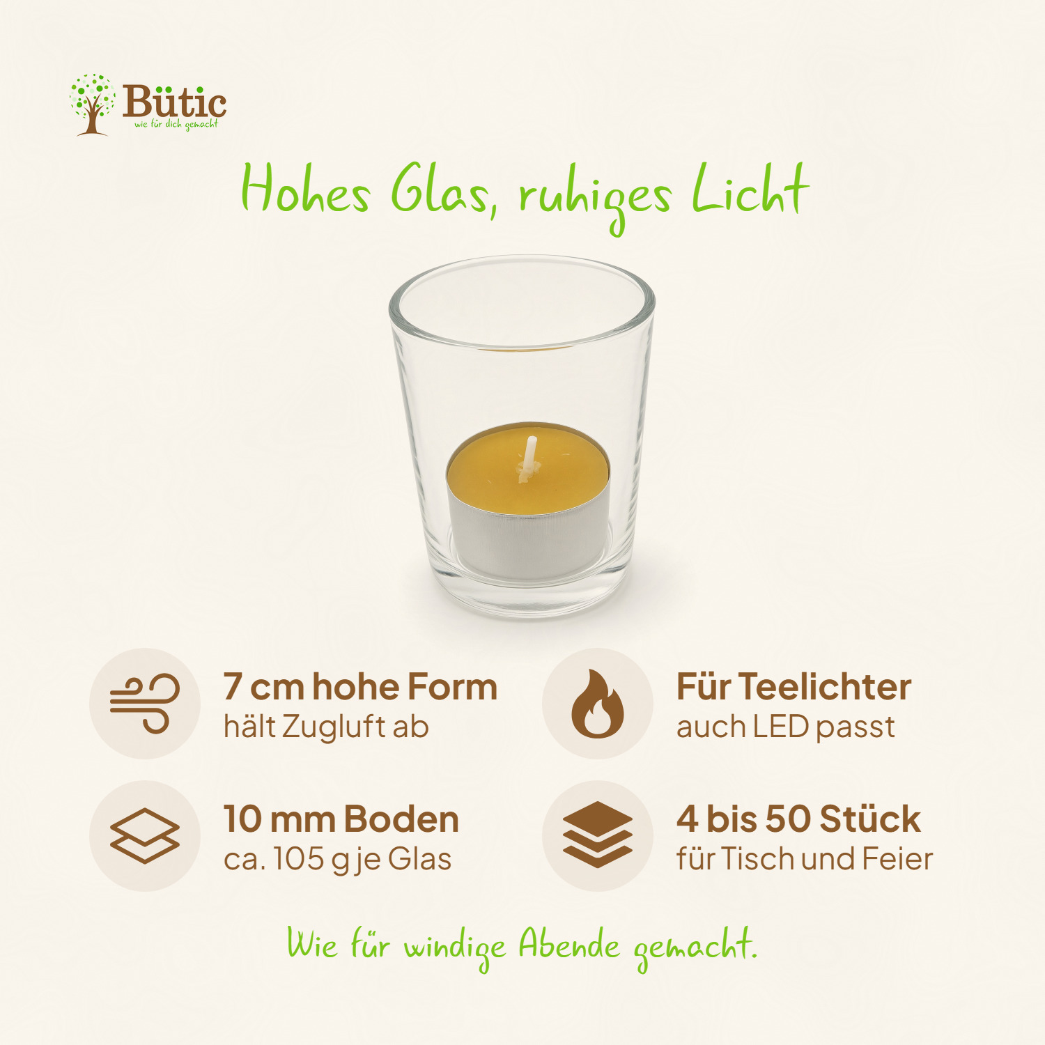 Klares hohes Votivglas mit einem gelben Teelicht, Infografik mit Produktmerkmalen: 7 cm Höhe, 10 mm Boden, geeignet für Teelichter und LED, erhältlich von 4 bis 50 Stück