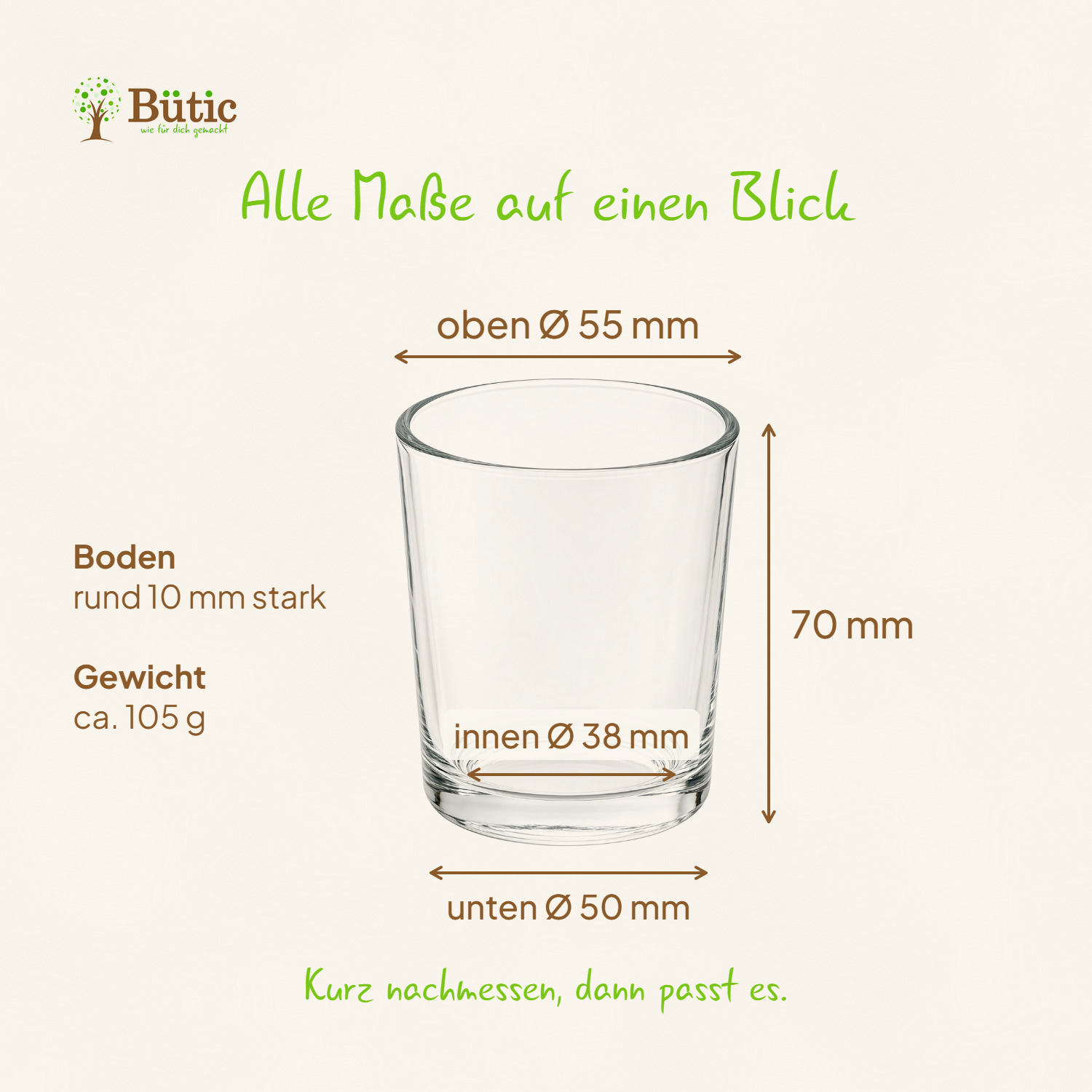 Maßgrafik eines klaren Votivglases: oben Ø 55 mm, innen Ø 38 mm, unten Ø 50 mm, Höhe 70 mm, Boden rund 10 mm stark, Gewicht ca. 105 g