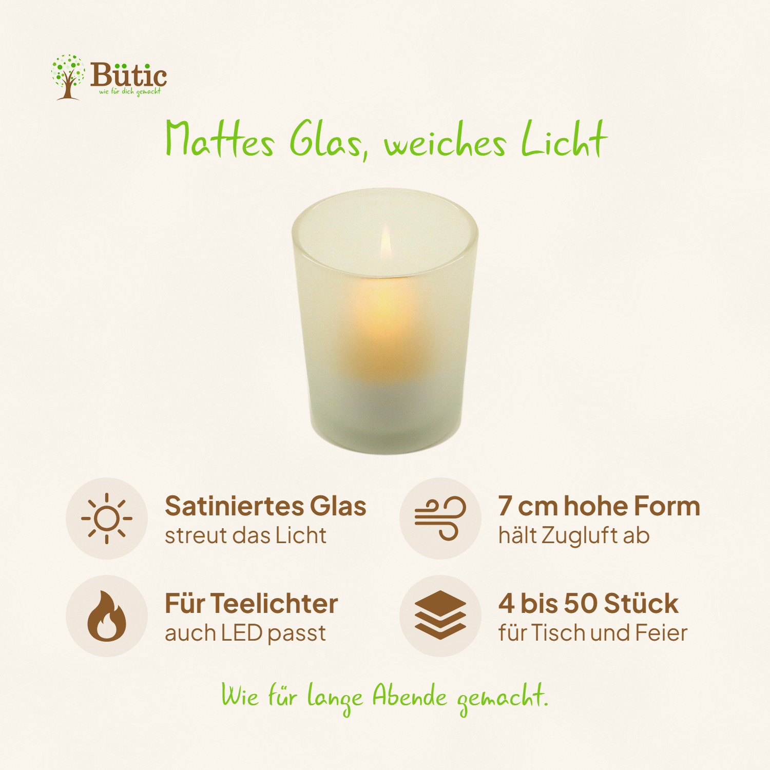 Infografik zu den Teelichtgläsern: satiniertes Glas streut das Licht, 7 cm hohe Form hält Zugluft ab, für Teelichter und LED-Teelichter, Sets mit 4 bis 50 Stück